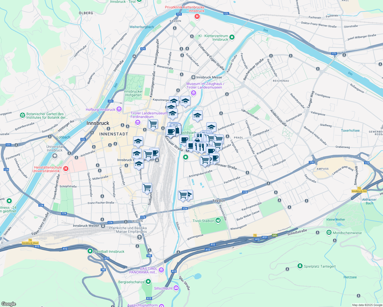 map of restaurants, bars, coffee shops, grocery stores, and more near 2 Amraser Straße in Innsbruck