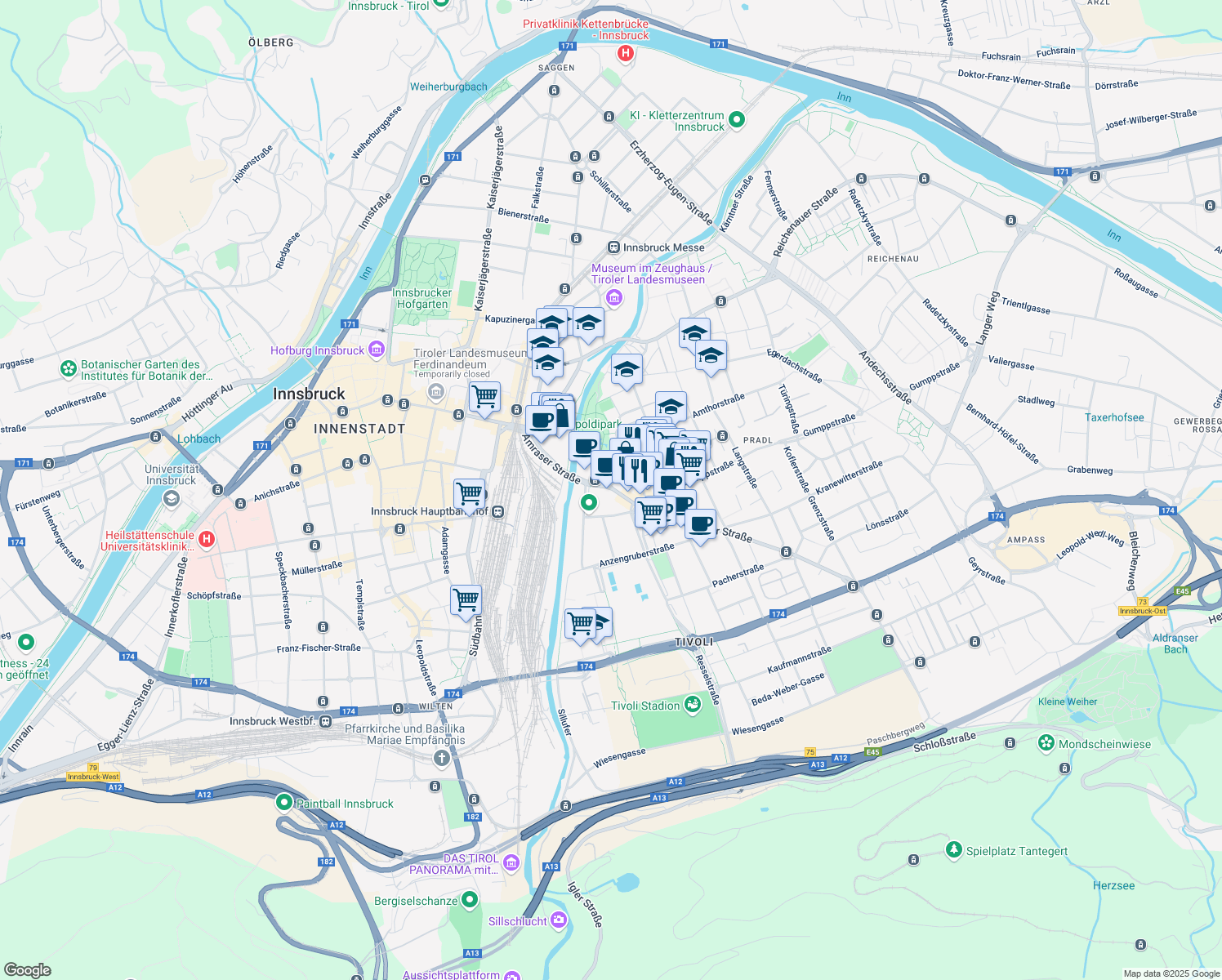 map of restaurants, bars, coffee shops, grocery stores, and more near 2 Amraser Straße in Innsbruck