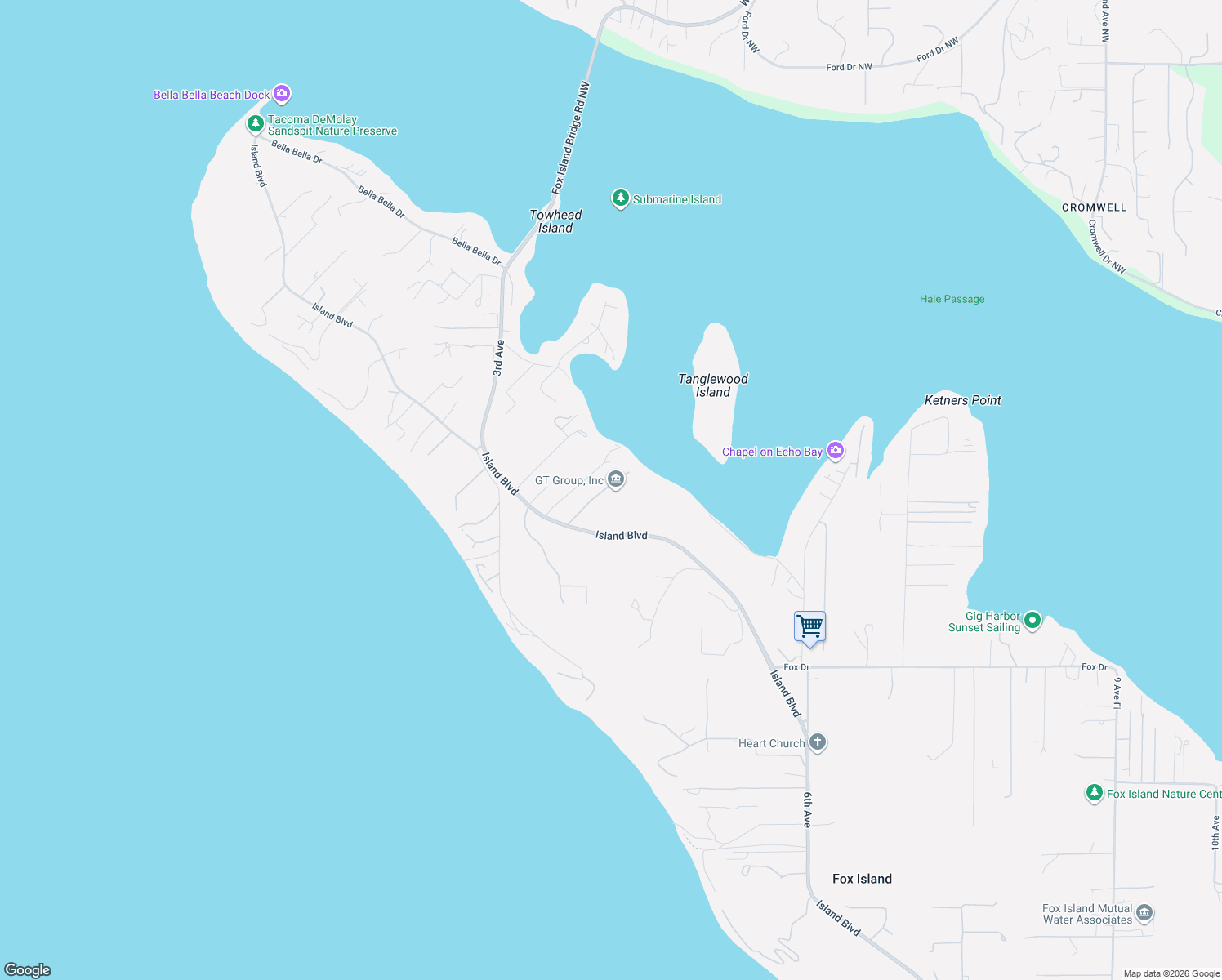 map of restaurants, bars, coffee shops, grocery stores, and more near 409 3rd Lane in Fox Island