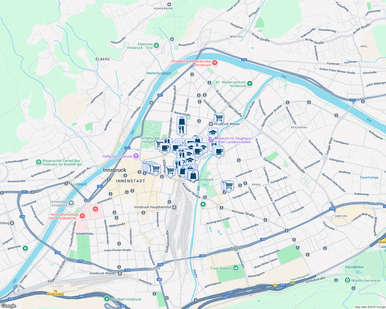 map of restaurants, bars, coffee shops, grocery stores, and more near in Innsbruck