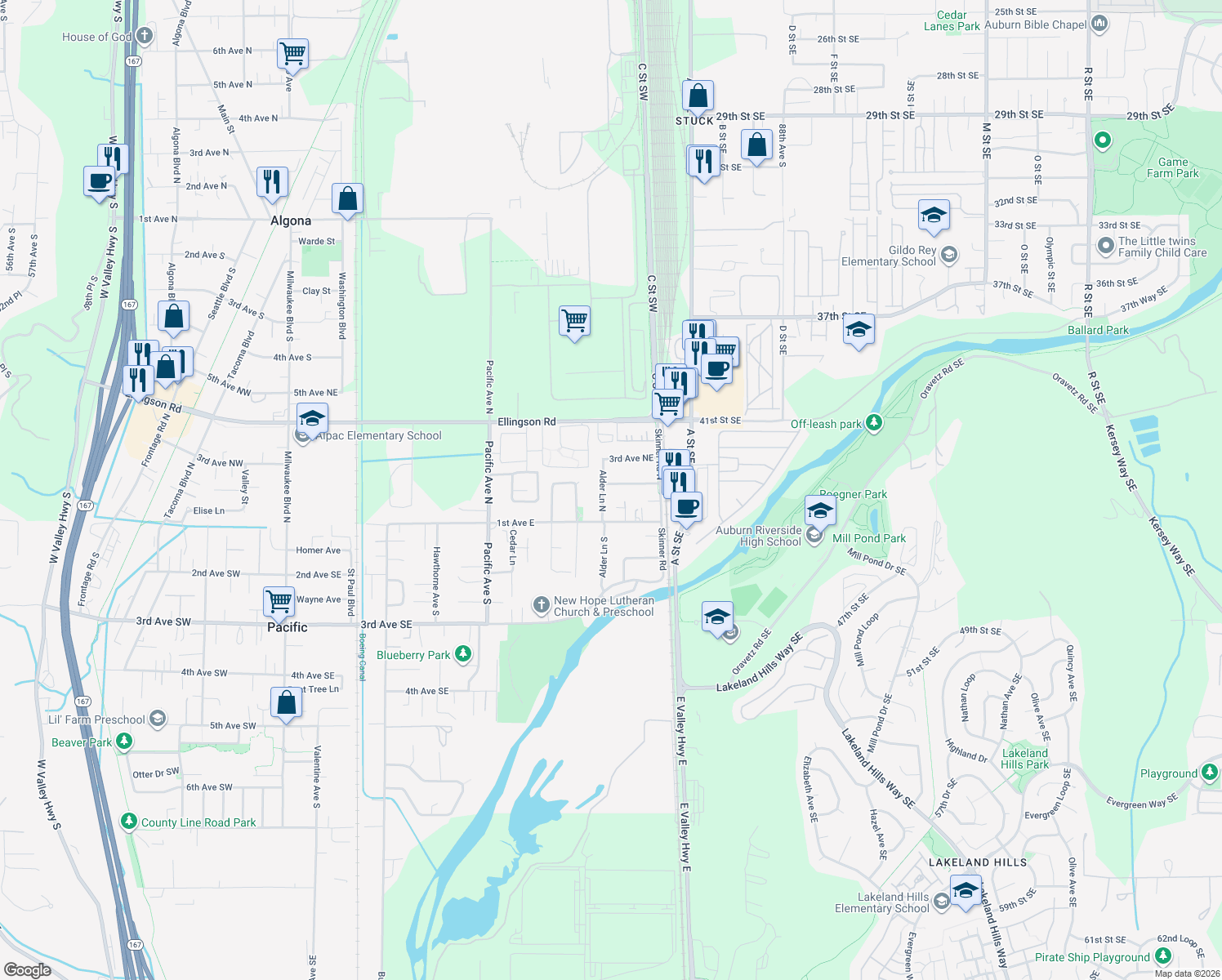 map of restaurants, bars, coffee shops, grocery stores, and more near 120 Alder Ln N in Pacific