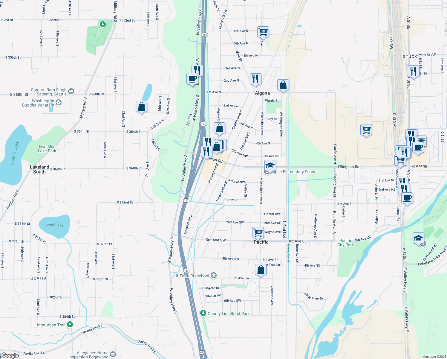 map of restaurants, bars, coffee shops, grocery stores, and more near 219 Tacoma Boulevard North in Pacific