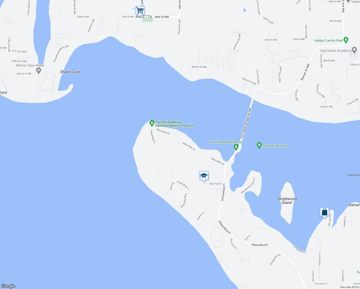 map of restaurants, bars, coffee shops, grocery stores, and more near 166 Bella Bella Drive Fi in Fox Island