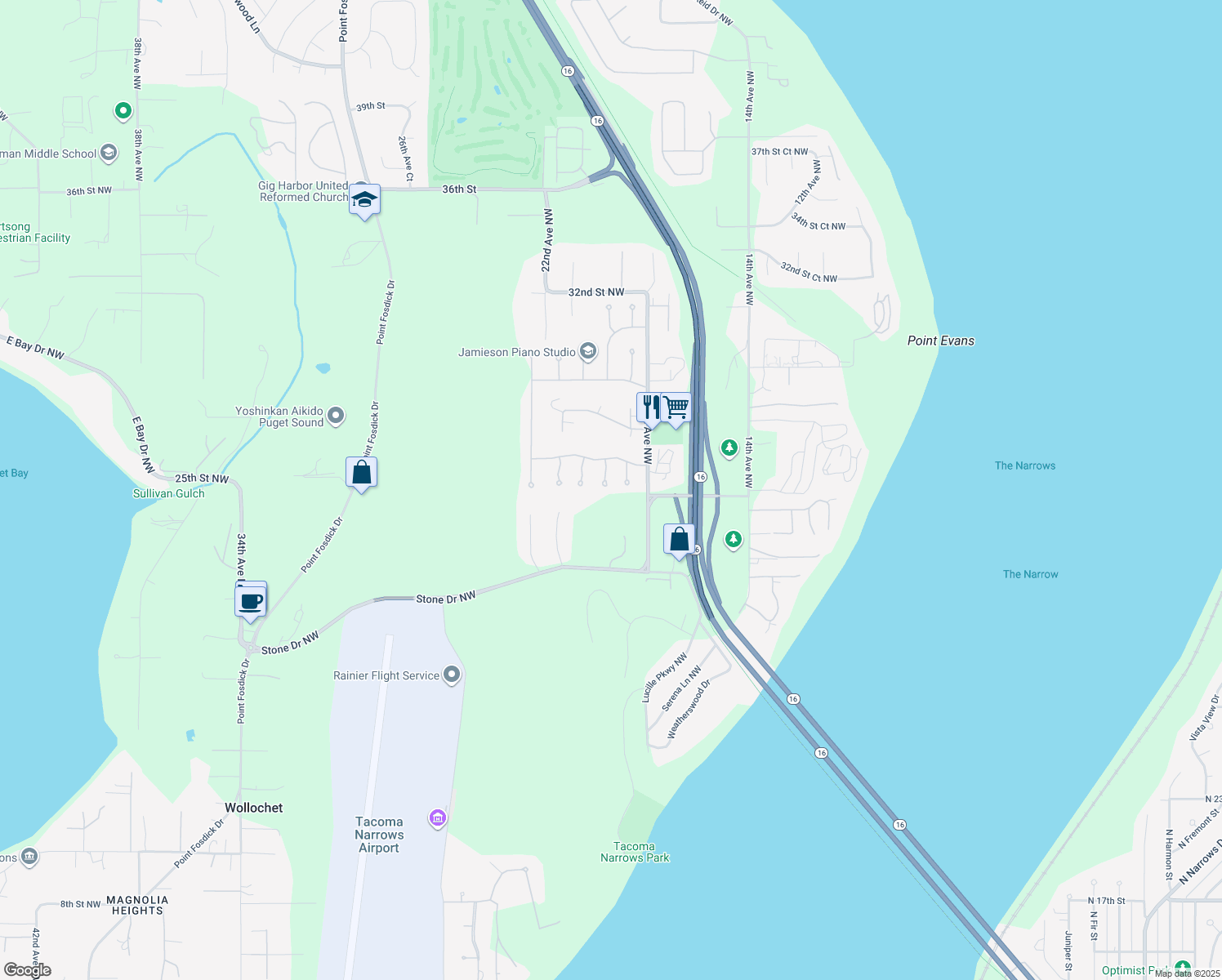 map of restaurants, bars, coffee shops, grocery stores, and more near 2403 19th Ave Ct NW in Gig Harbor