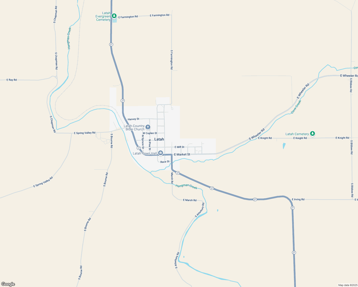 map of restaurants, bars, coffee shops, grocery stores, and more near 337 E Mill St in Latah