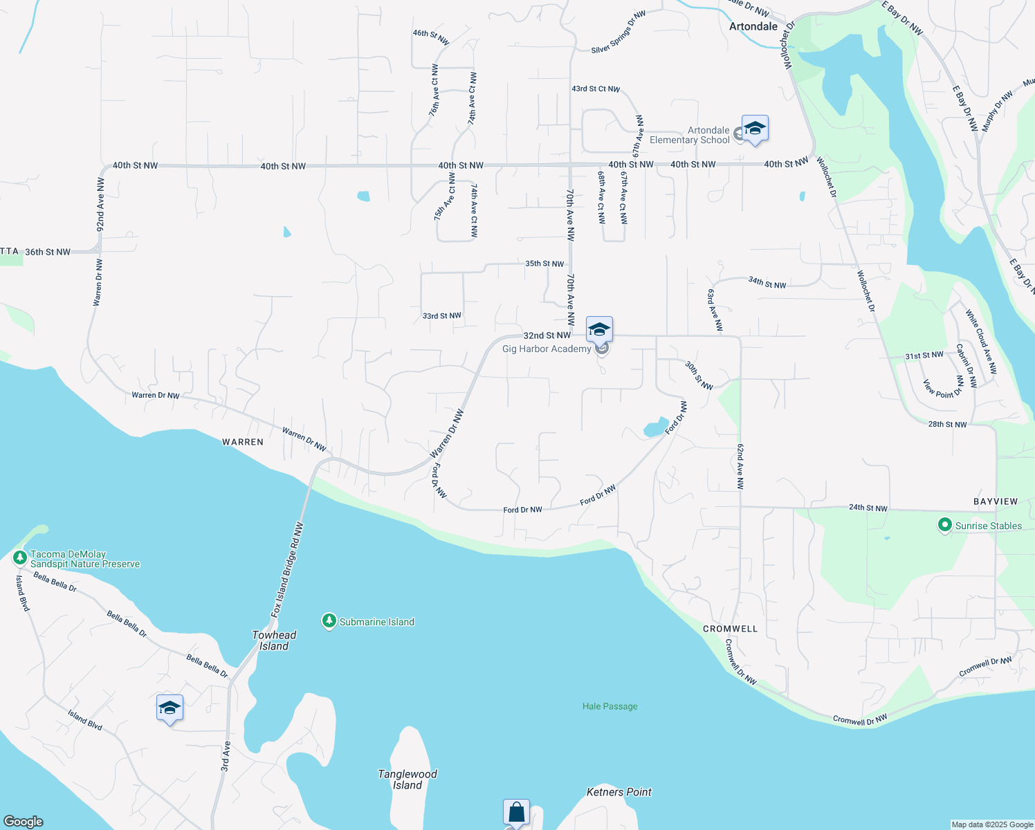 map of restaurants, bars, coffee shops, grocery stores, and more near 2813 73rd Avenue Northwest in Gig Harbor