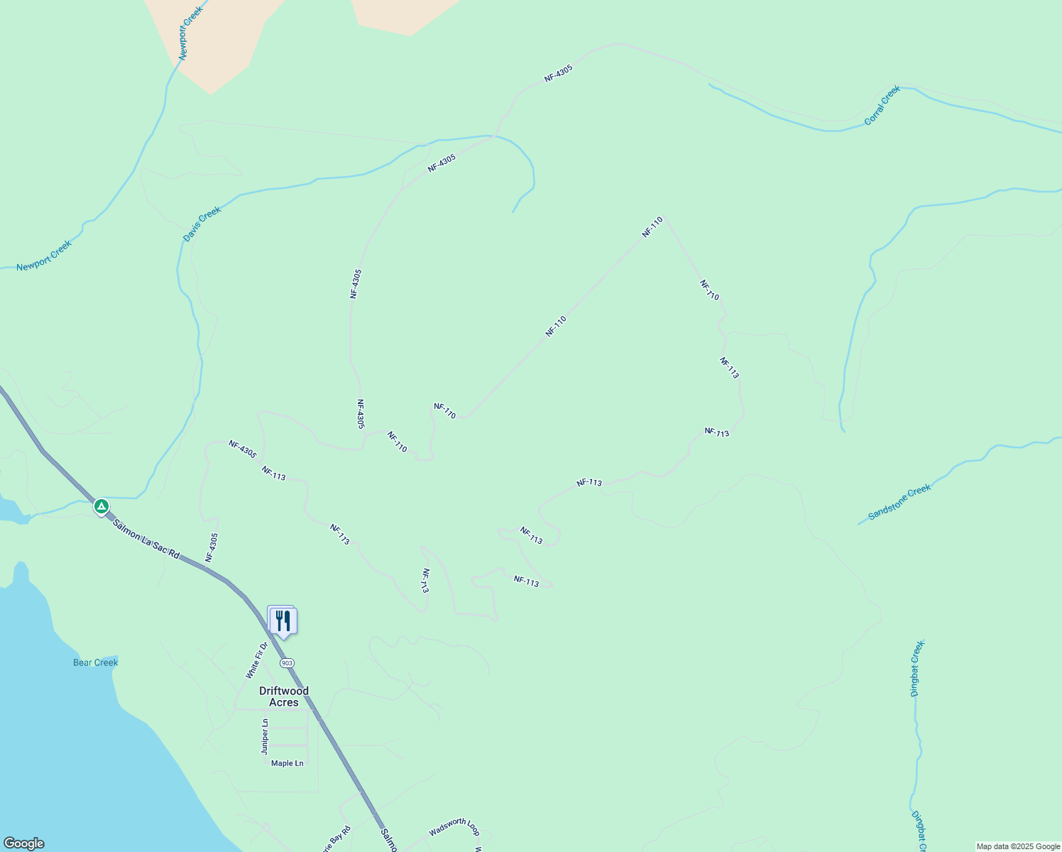 map of restaurants, bars, coffee shops, grocery stores, and more near National Forest Development Road 113 in Ronald
