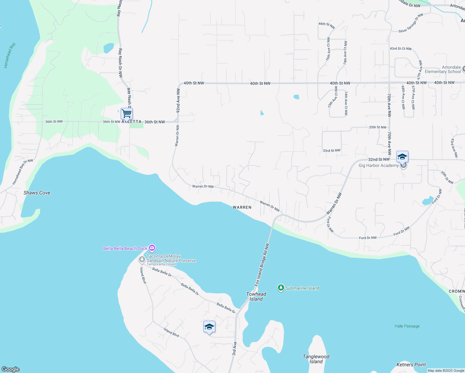 map of restaurants, bars, coffee shops, grocery stores, and more near 8512 29th Street Court Northwest in Gig Harbor