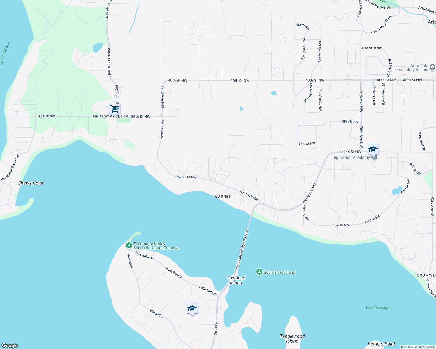 map of restaurants, bars, coffee shops, grocery stores, and more near 8512 29th Street Court Northwest in Gig Harbor
