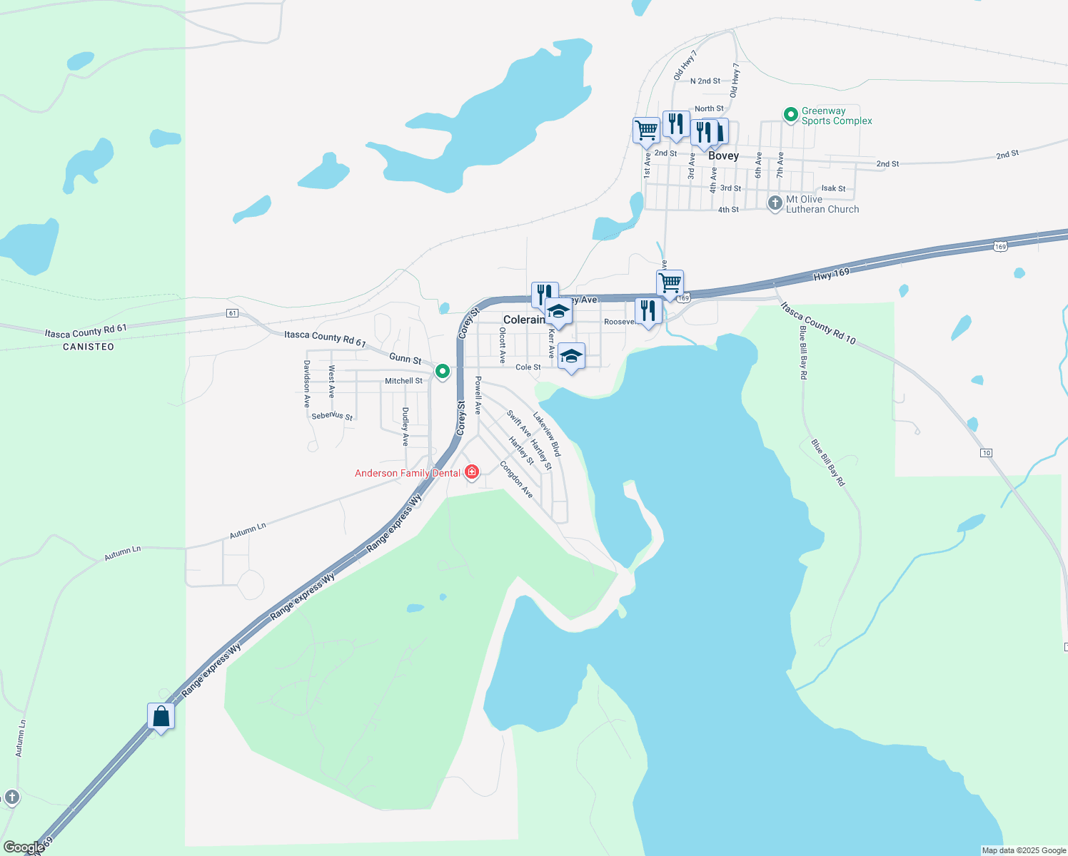 map of restaurants, bars, coffee shops, grocery stores, and more near 211 Lakeview Boulevard in Coleraine