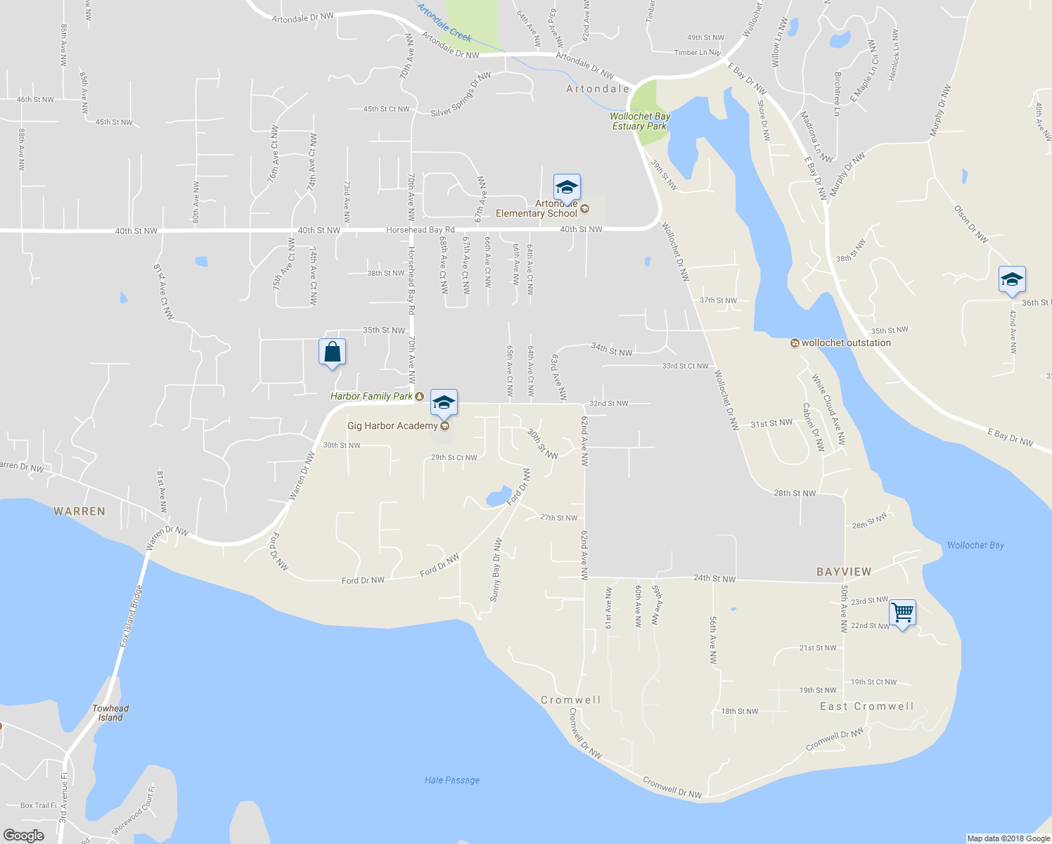map of restaurants, bars, coffee shops, grocery stores, and more near 3005 65th Avenue Northwest in Gig Harbor