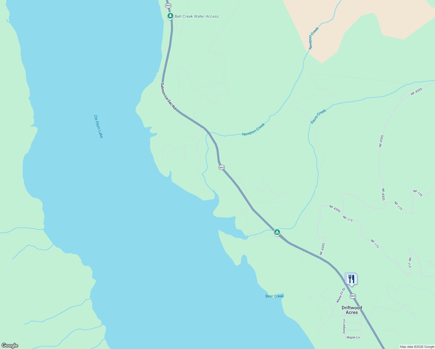 map of restaurants, bars, coffee shops, grocery stores, and more near 16341 Salmon La Sac Road in Ronald