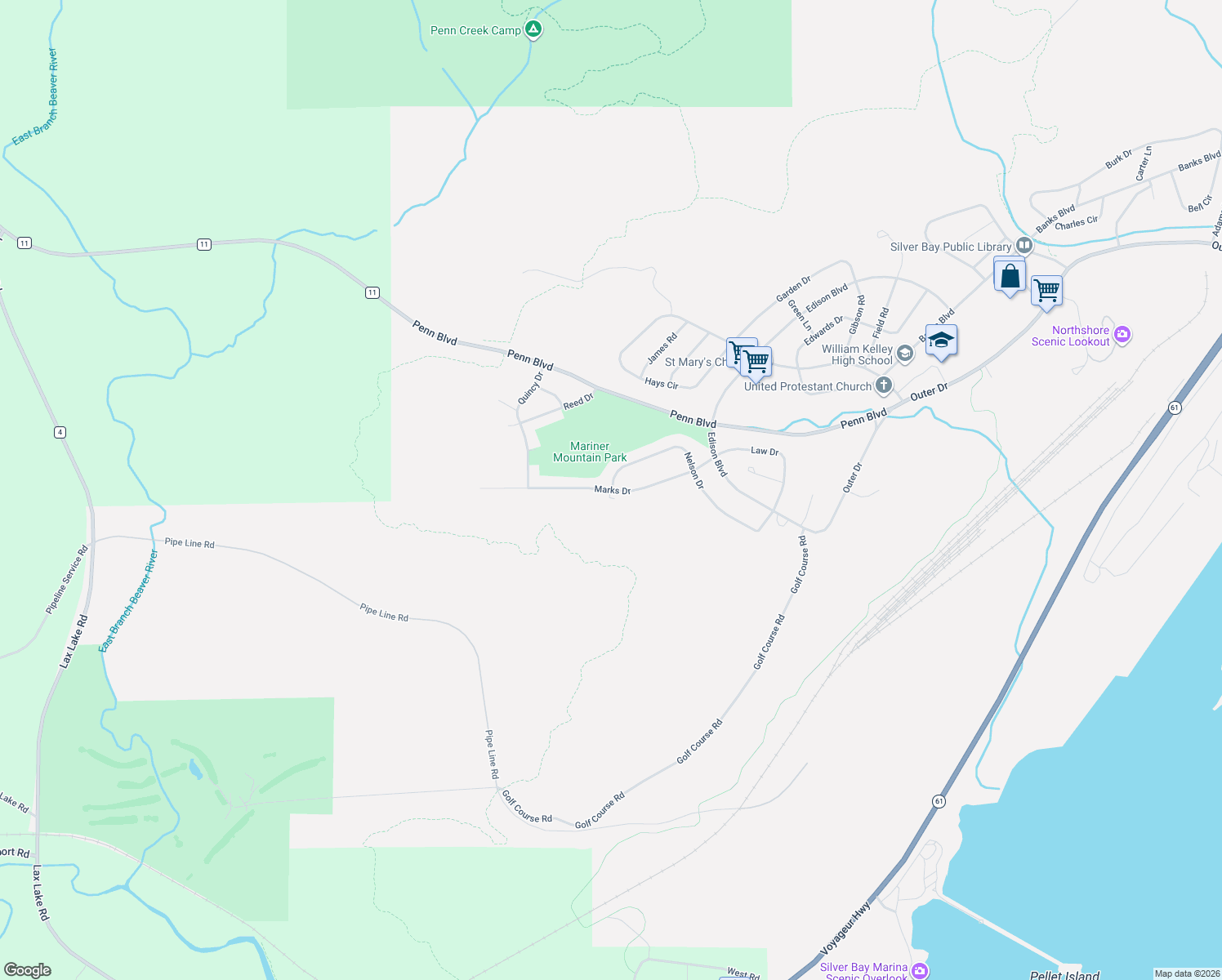 map of restaurants, bars, coffee shops, grocery stores, and more near 30 Marks Drive in Silver Bay