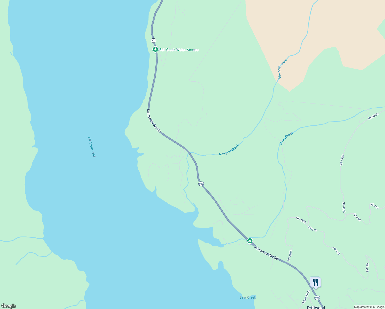 map of restaurants, bars, coffee shops, grocery stores, and more near 16660 Salmon La Sac Road in Ronald