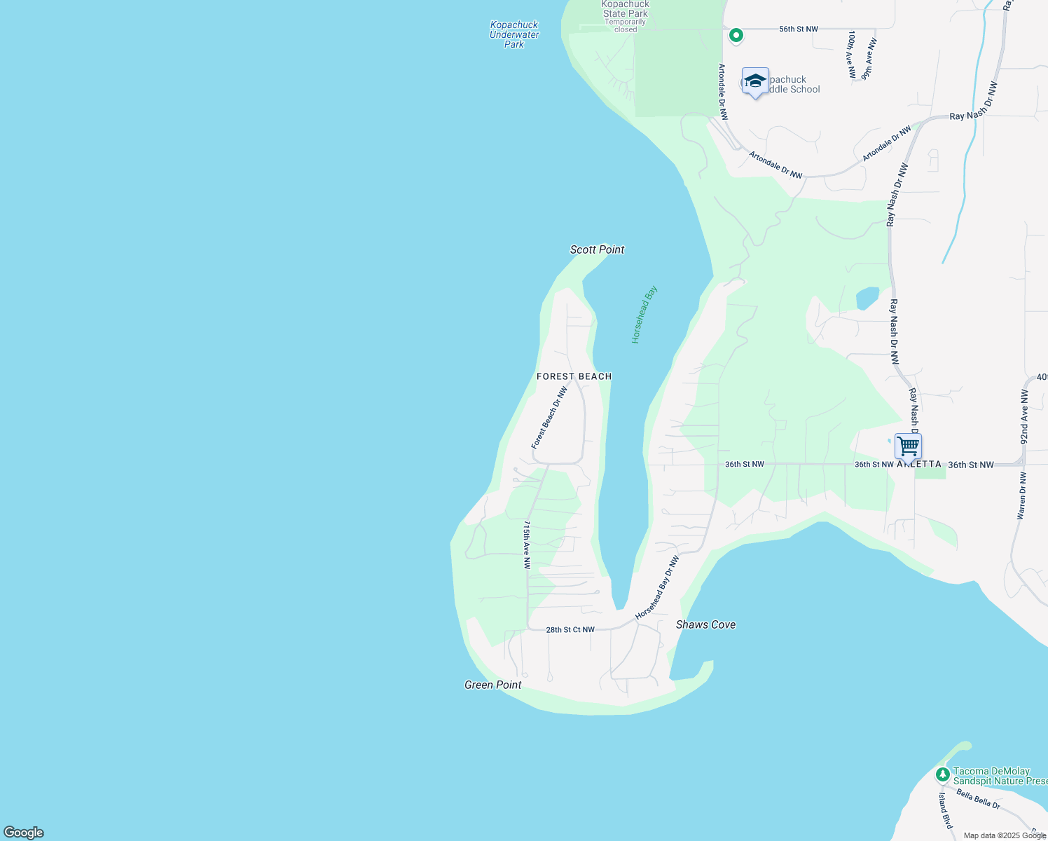 map of restaurants, bars, coffee shops, grocery stores, and more near 3722 Forest Beach Drive Northwest in Gig Harbor