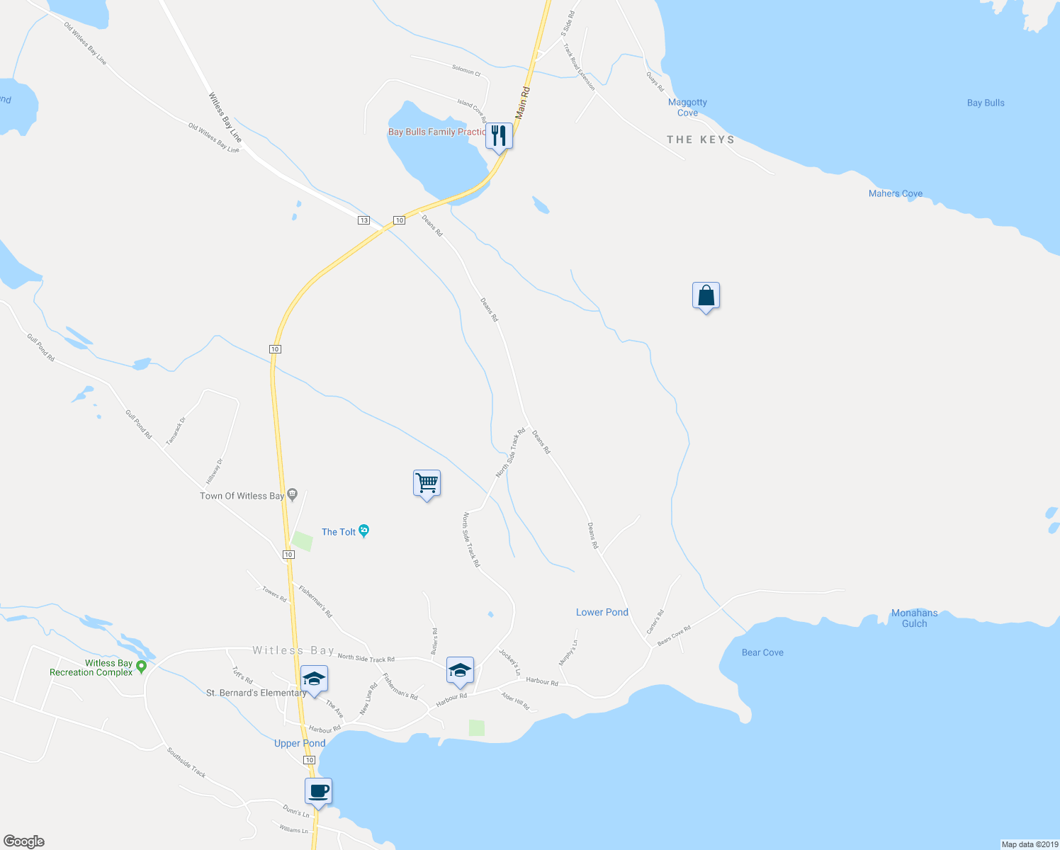 map of restaurants, bars, coffee shops, grocery stores, and more near Deans Road in Witless Bay