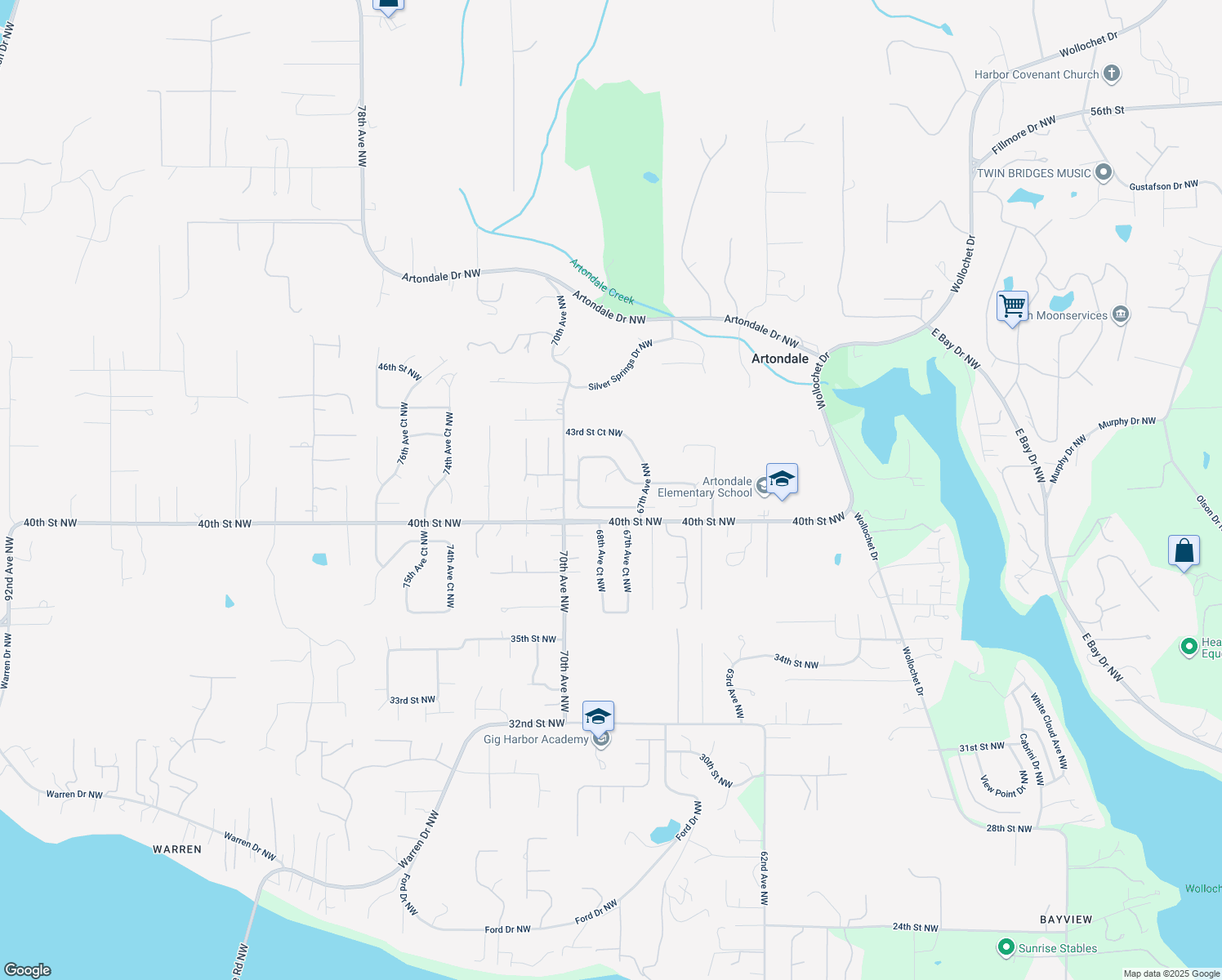 map of restaurants, bars, coffee shops, grocery stores, and more near 4105 68th Avenue Northwest in Gig Harbor