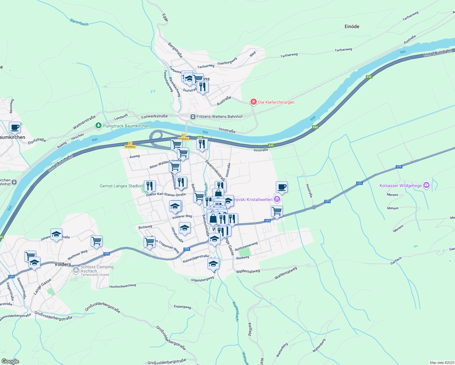 map of restaurants, bars, coffee shops, grocery stores, and more near 30 Swarovskistraße in Wattens