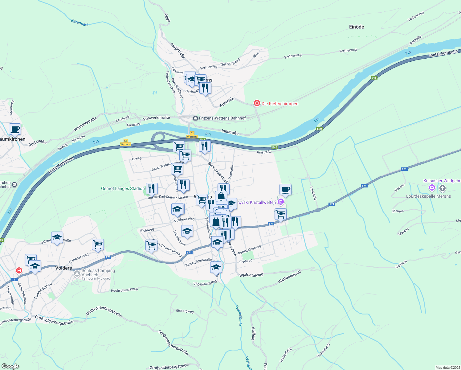 map of restaurants, bars, coffee shops, grocery stores, and more near 30 Swarovskistraße in Wattens