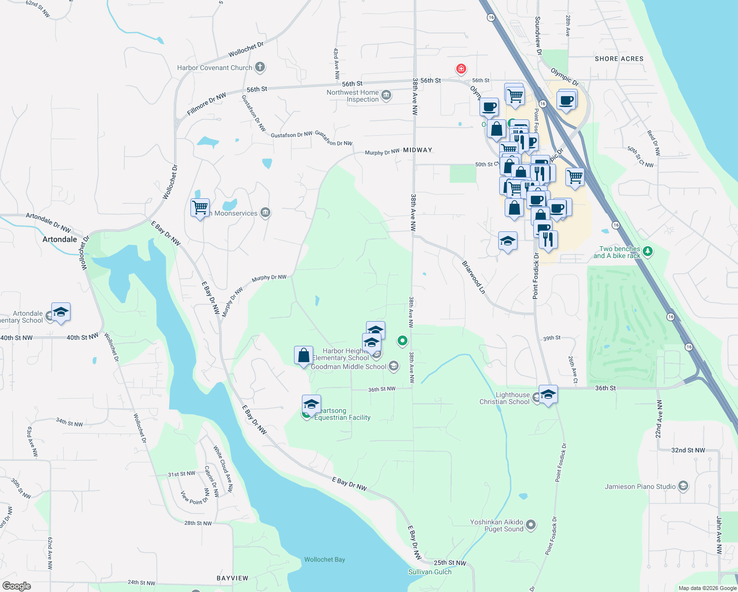 map of restaurants, bars, coffee shops, grocery stores, and more near 4016 42nd Street Court Northwest in Gig Harbor
