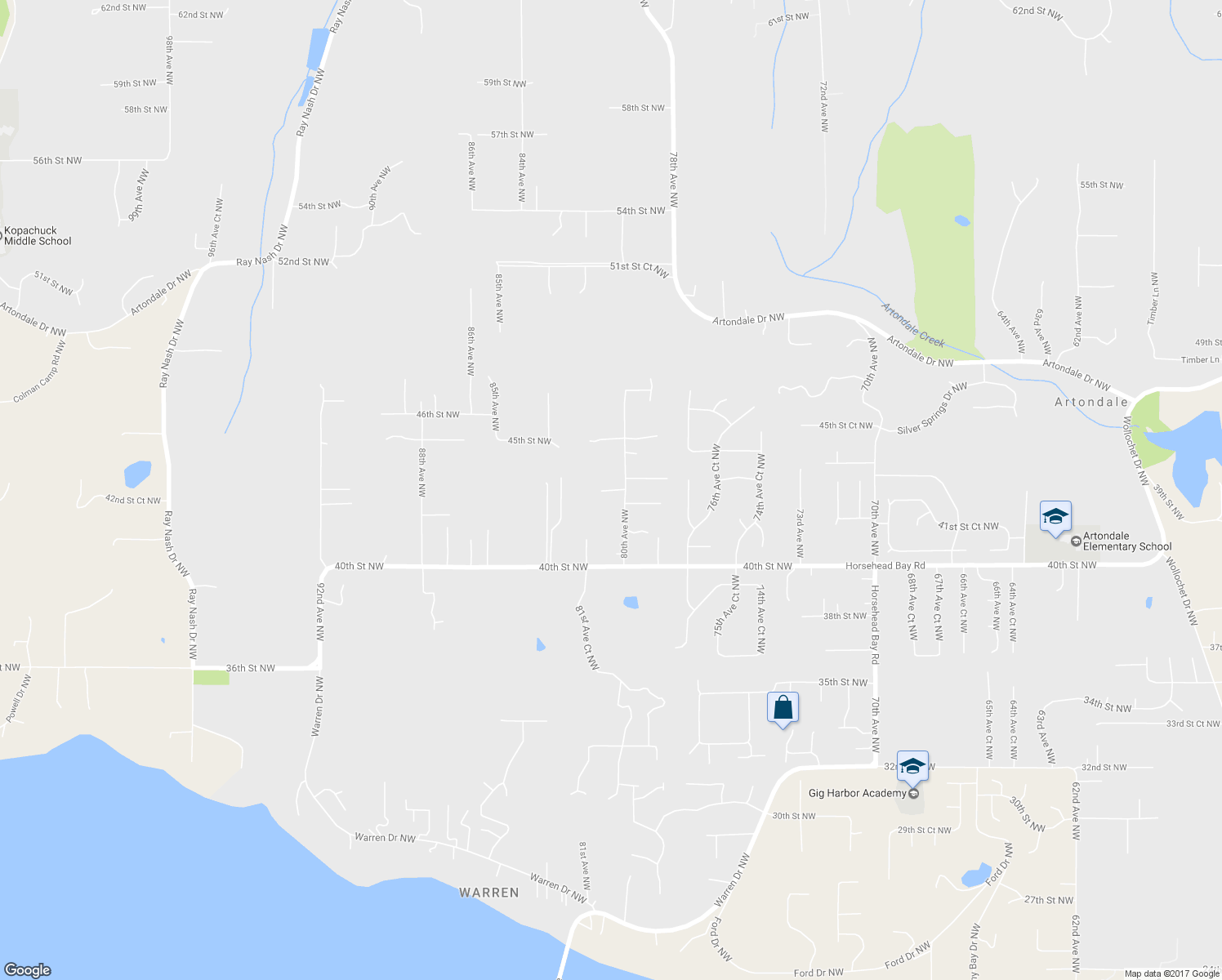 map of restaurants, bars, coffee shops, grocery stores, and more near 8115 43rd Street Northwest in Gig Harbor