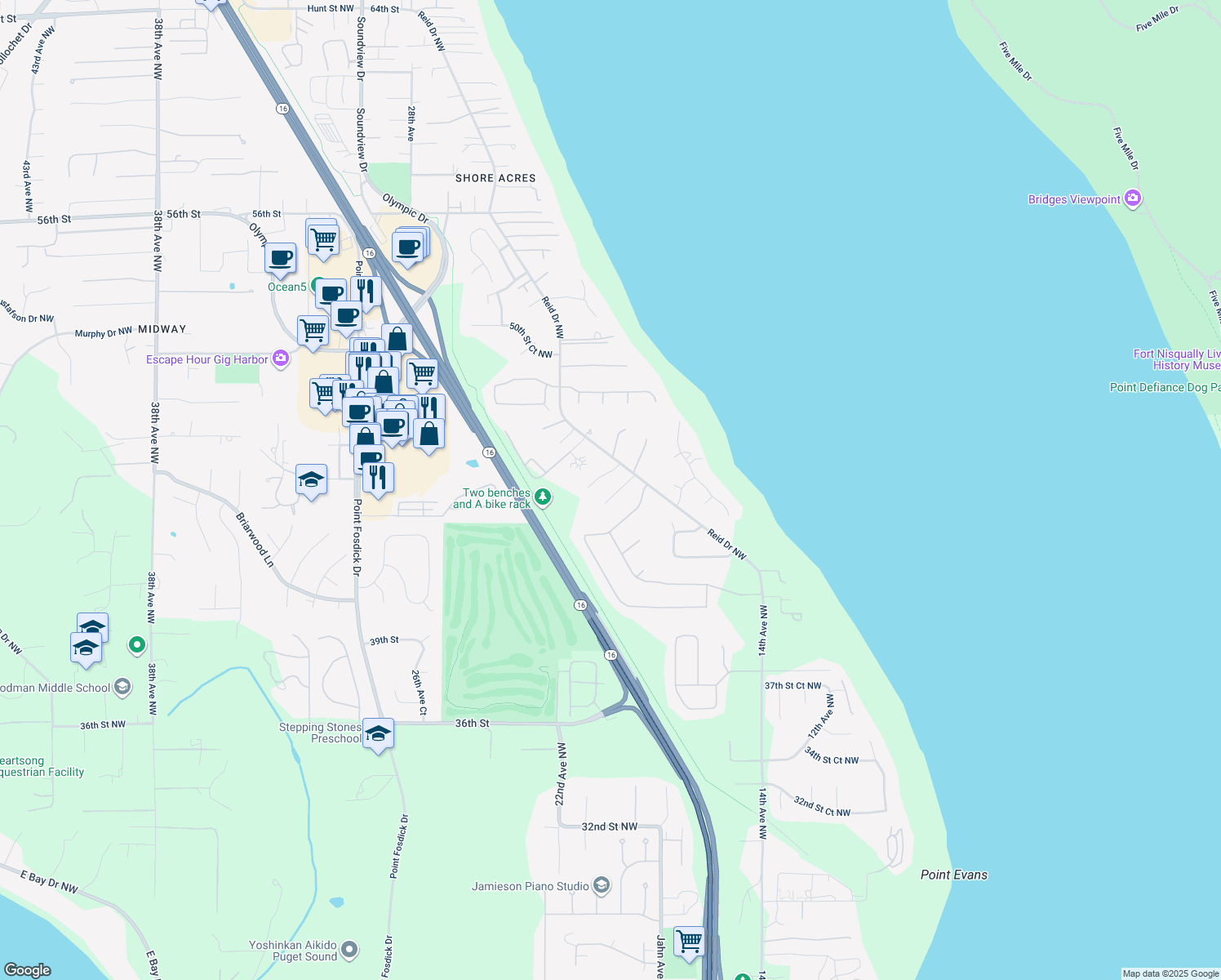 map of restaurants, bars, coffee shops, grocery stores, and more near 1925 45th Street Court Northwest in Gig Harbor