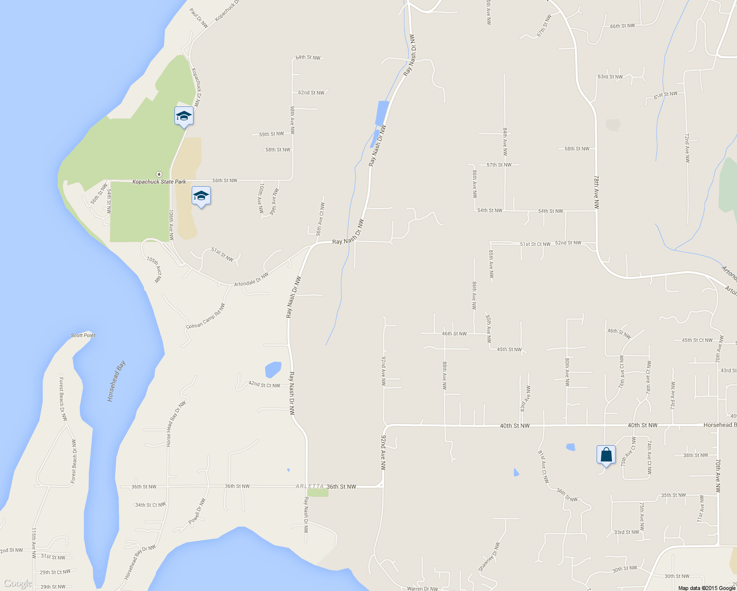 map of restaurants, bars, coffee shops, grocery stores, and more near 4802 92nd Avenue Northwest in Gig Harbor