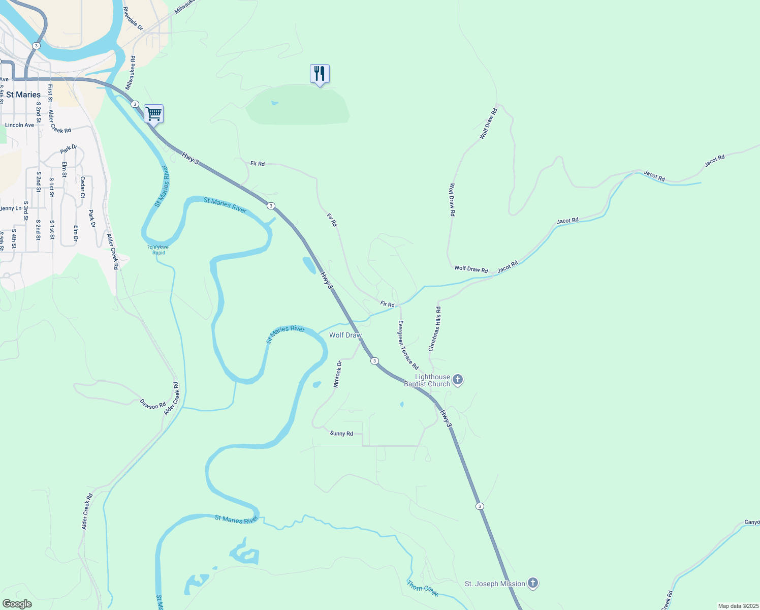 map of restaurants, bars, coffee shops, grocery stores, and more near 404 Evergreen Terrace Road in Saint Maries