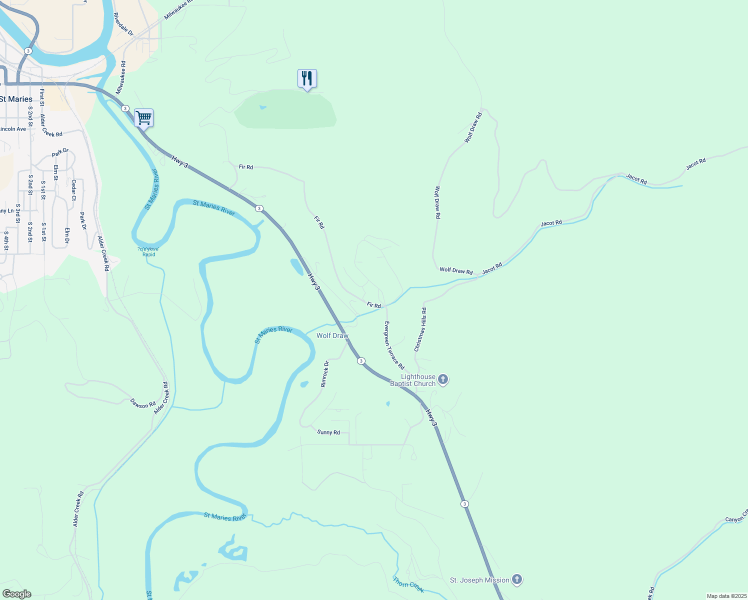 map of restaurants, bars, coffee shops, grocery stores, and more near 404 Evergreen Terrace Road in Saint Maries