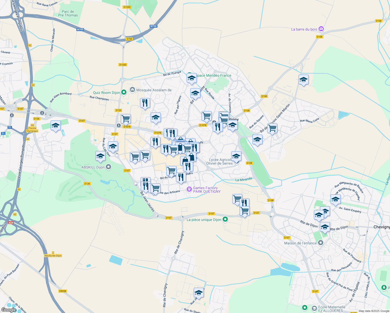 map of restaurants, bars, coffee shops, grocery stores, and more near Avenue de Bourgogne in Quetigny