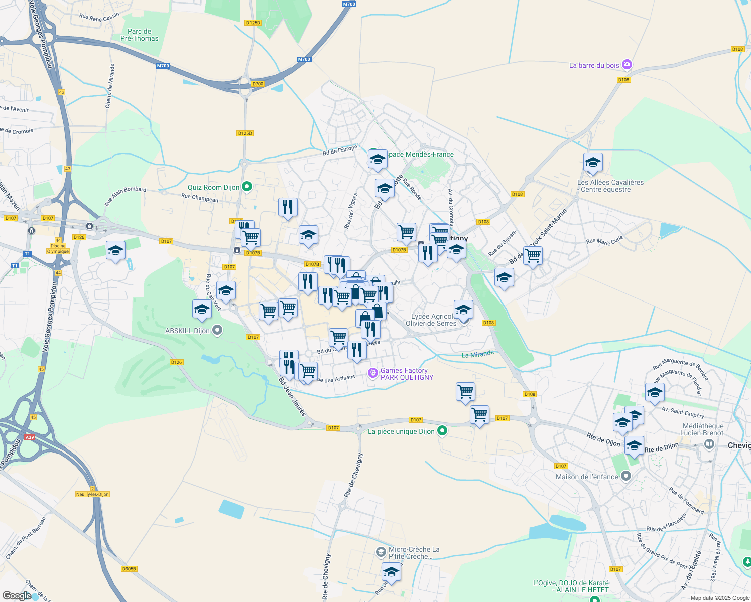 map of restaurants, bars, coffee shops, grocery stores, and more near Avenue de Bourgogne in Quetigny