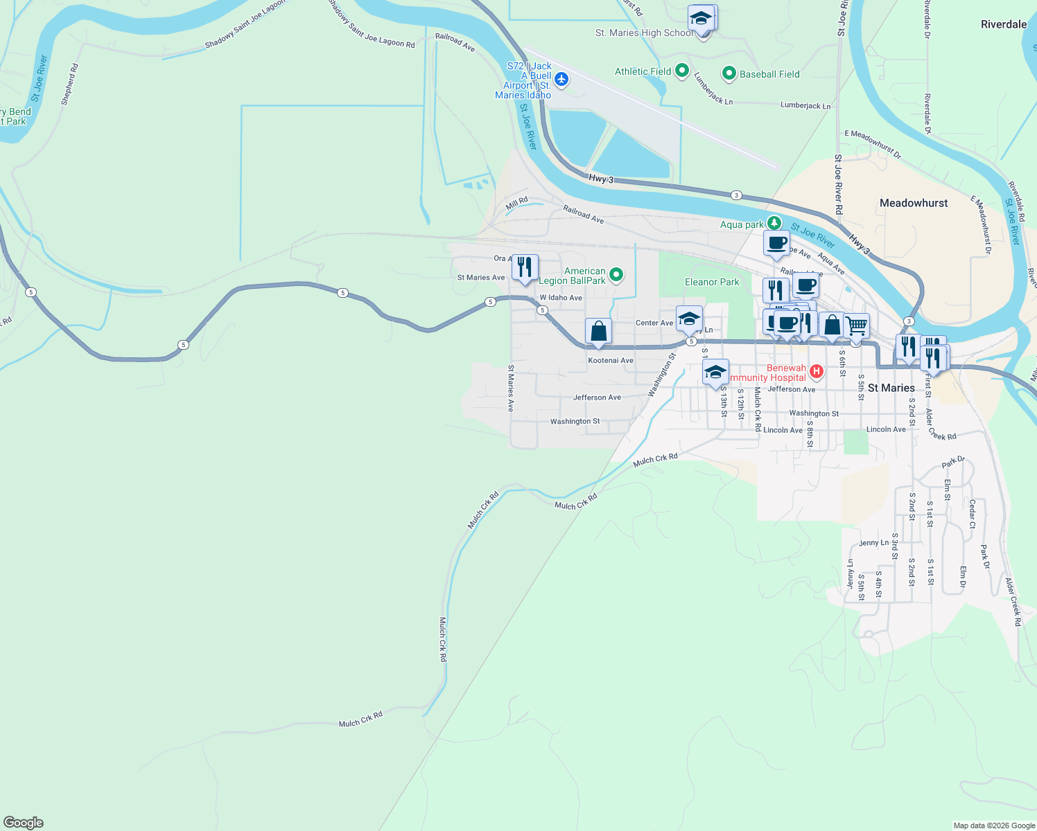 map of restaurants, bars, coffee shops, grocery stores, and more near 2226 Washington Avenue in Saint Maries