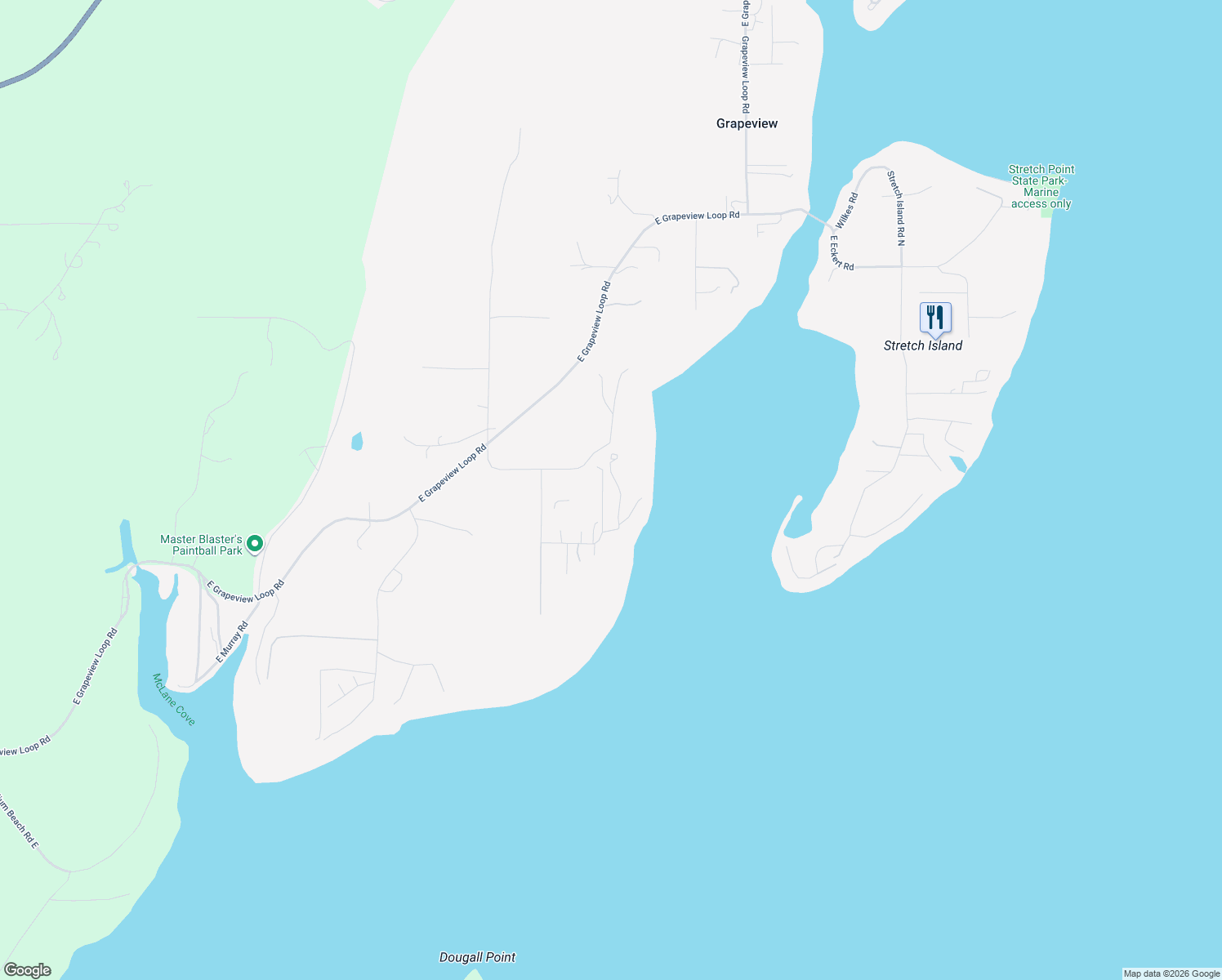 map of restaurants, bars, coffee shops, grocery stores, and more near 120 East Bahama Drive in Grapeview