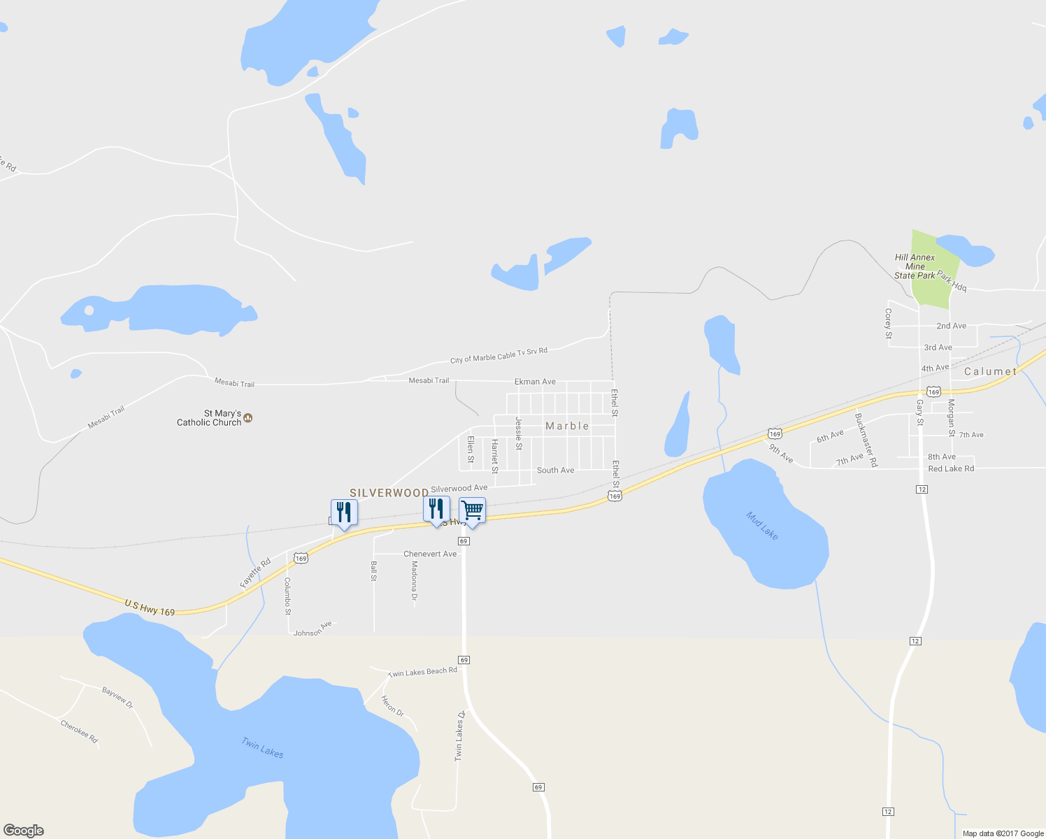 map of restaurants, bars, coffee shops, grocery stores, and more near 407 Alice Avenue in Marble