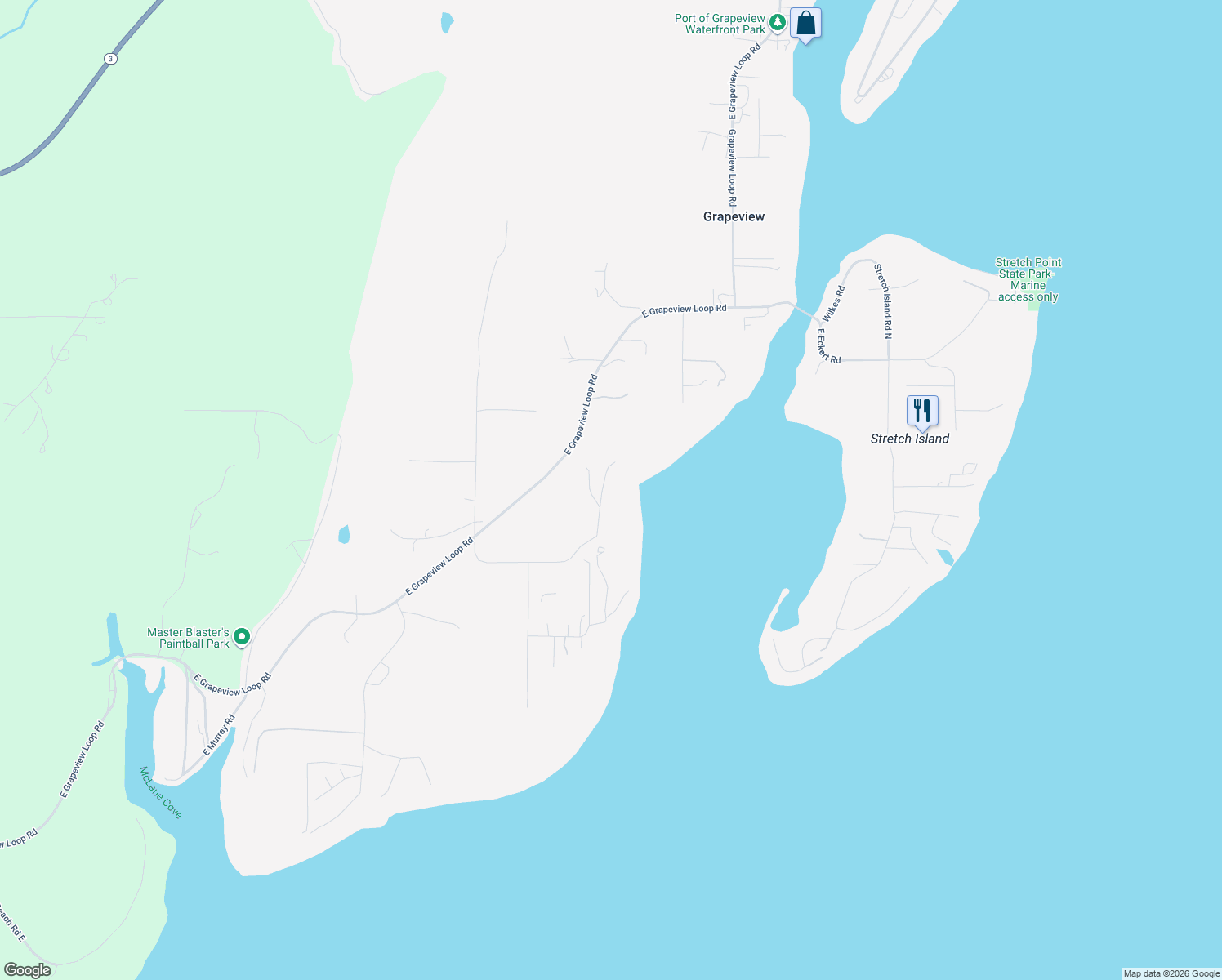 map of restaurants, bars, coffee shops, grocery stores, and more near 490 East Lombard Road South in Grapeview