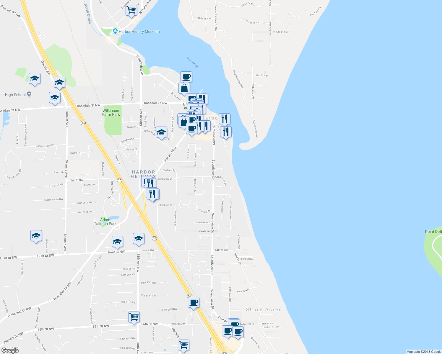 map of restaurants, bars, coffee shops, grocery stores, and more near 7177 Grandview Place in Gig Harbor