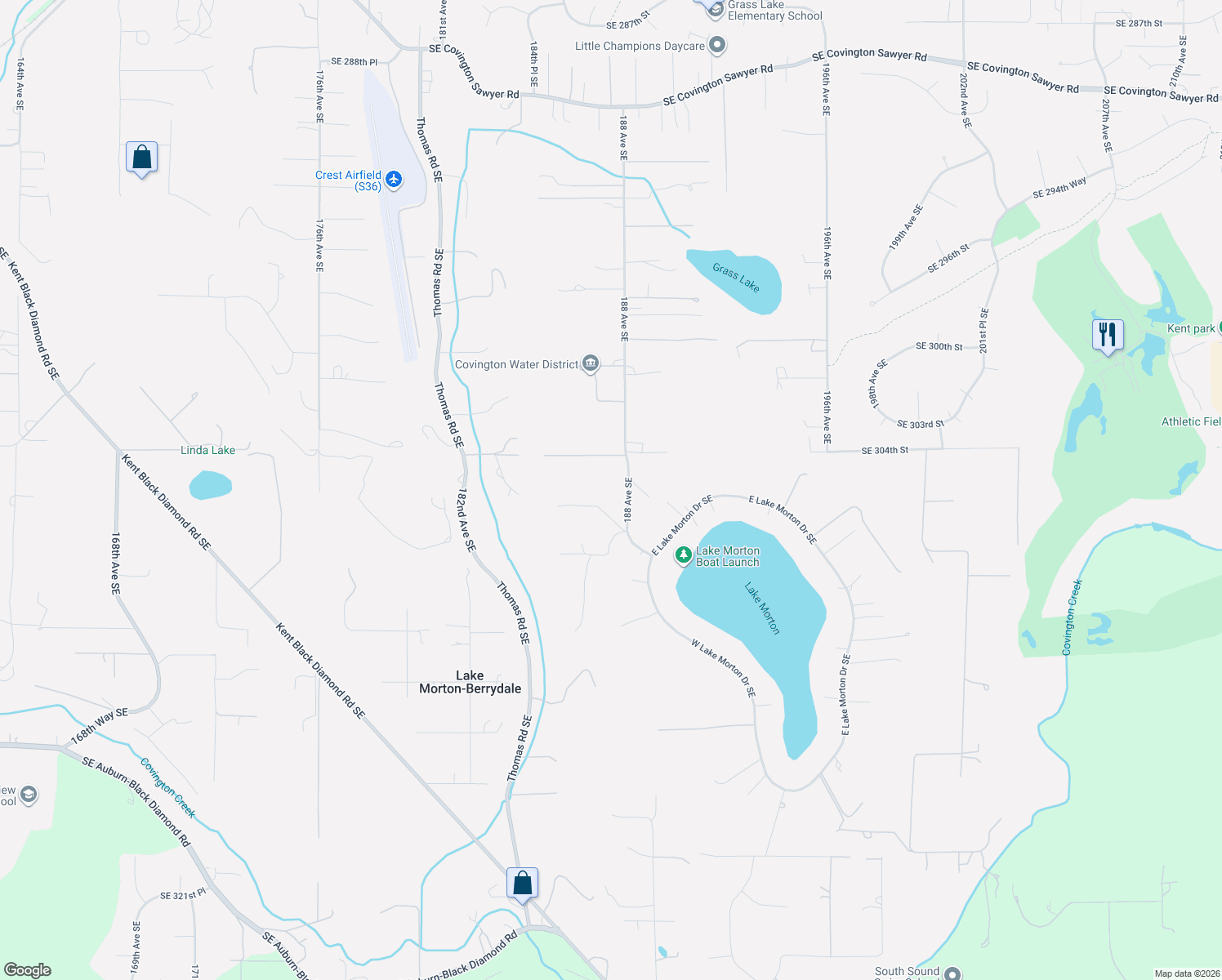 map of restaurants, bars, coffee shops, grocery stores, and more near 30445 188 Avenue Southeast in Kent