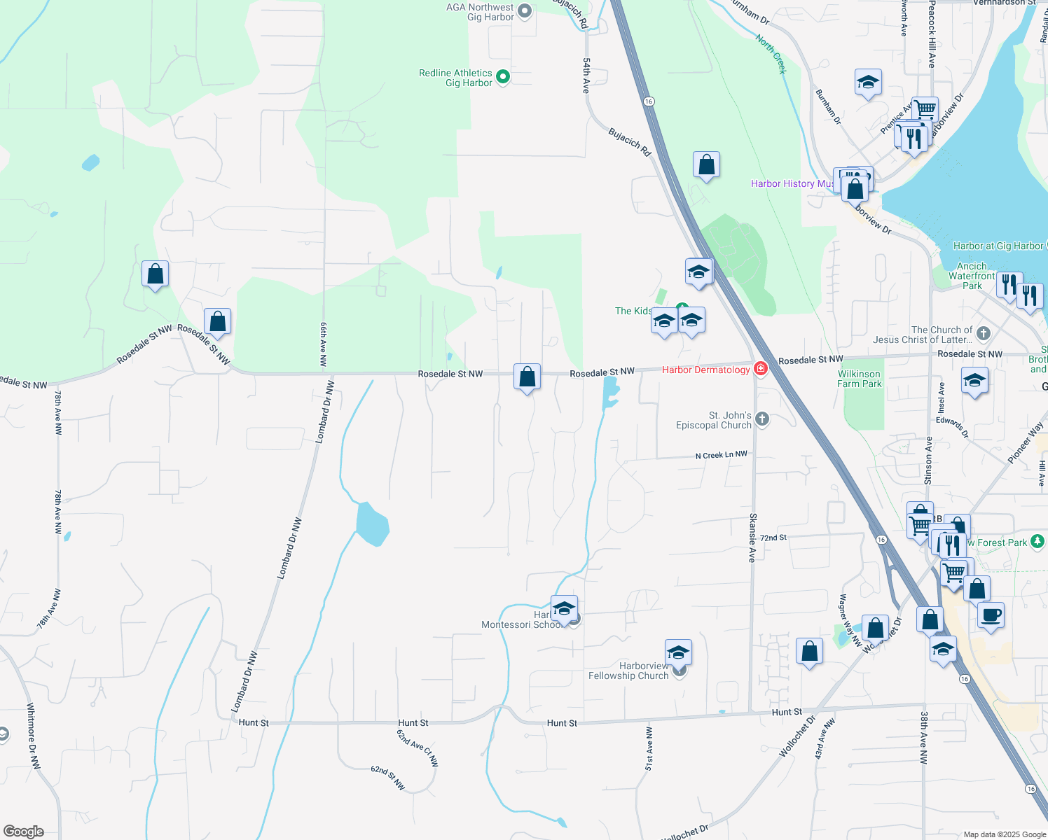 map of restaurants, bars, coffee shops, grocery stores, and more near 7720 56th Avenue Court Northwest in Gig Harbor