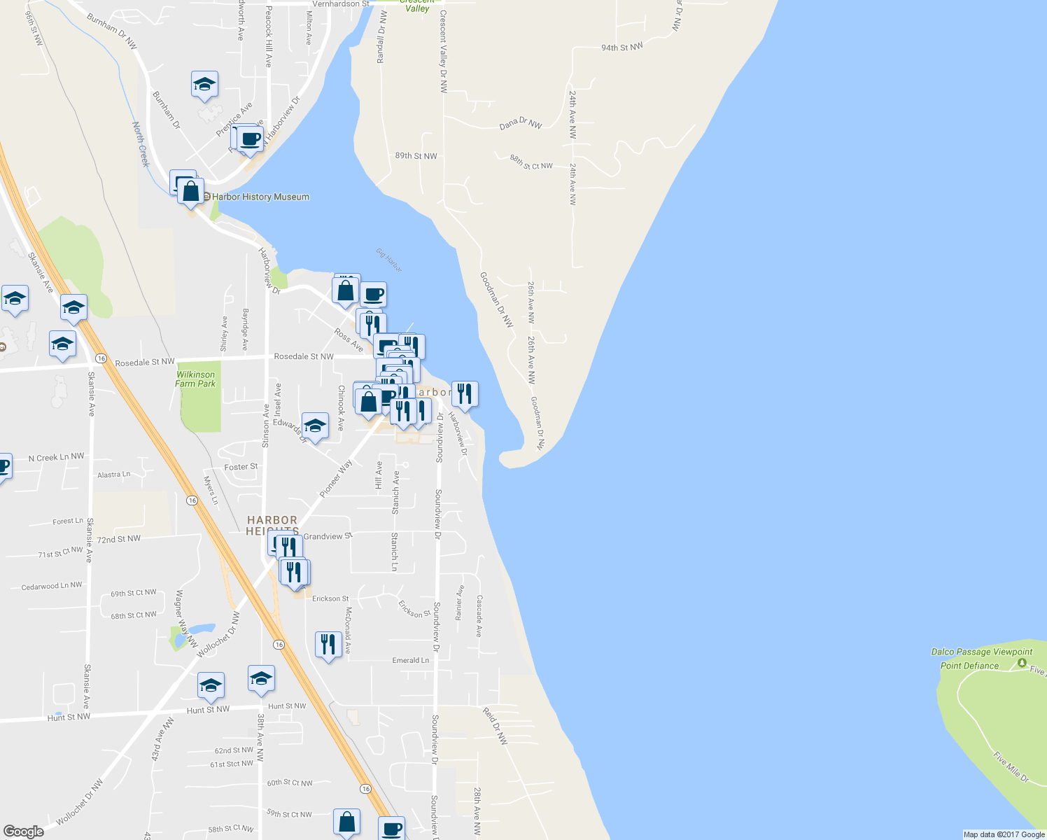 map of restaurants, bars, coffee shops, grocery stores, and more near 7706 Goodman Drive Northwest in Gig Harbor