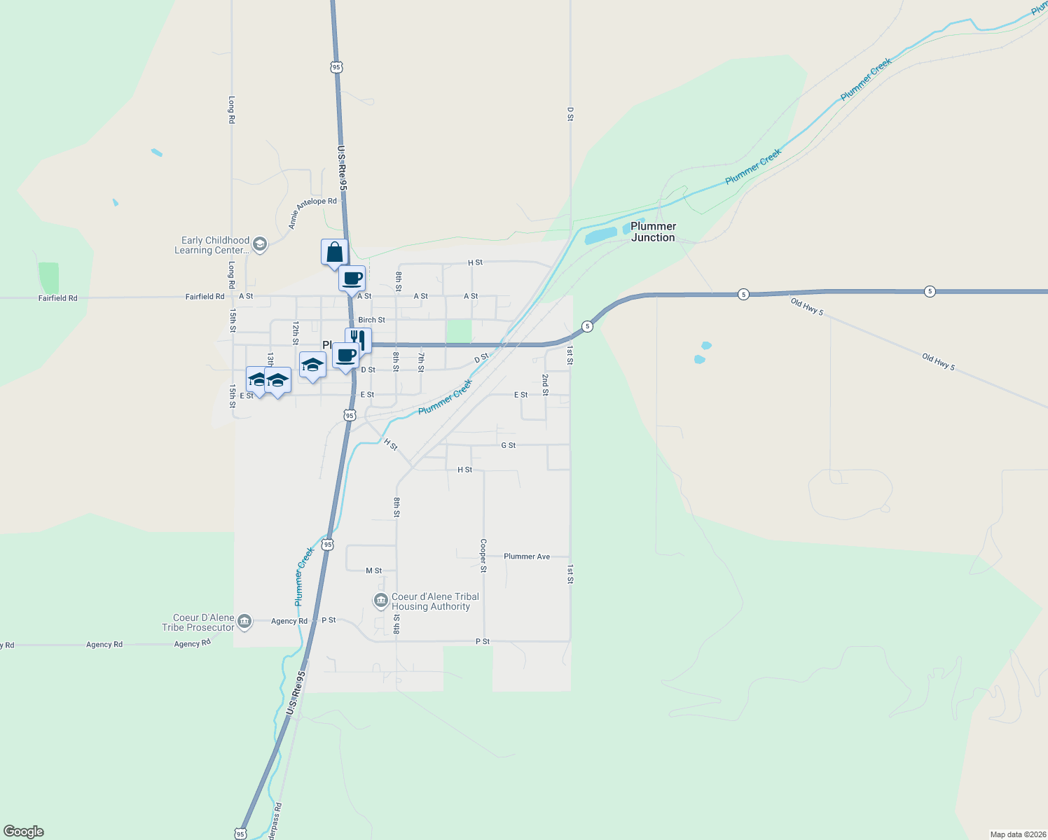map of restaurants, bars, coffee shops, grocery stores, and more near 466 F Street in Plummer