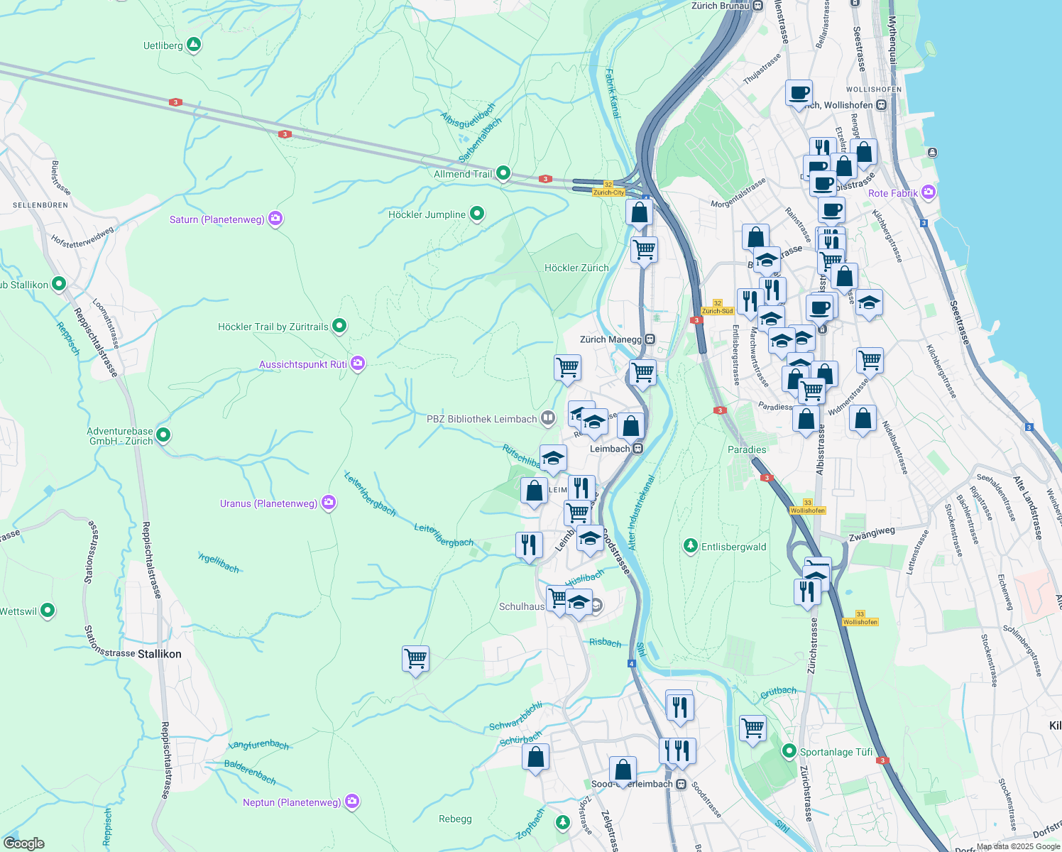 map of restaurants, bars, coffee shops, grocery stores, and more near in Zürich