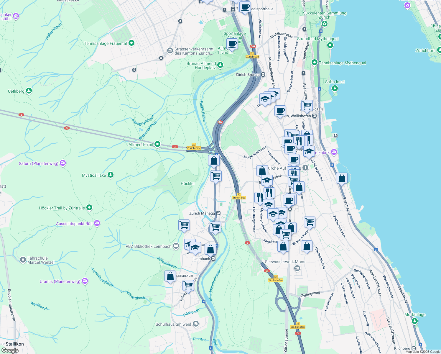 map of restaurants, bars, coffee shops, grocery stores, and more near 33 Maneggstrasse in Zürich
