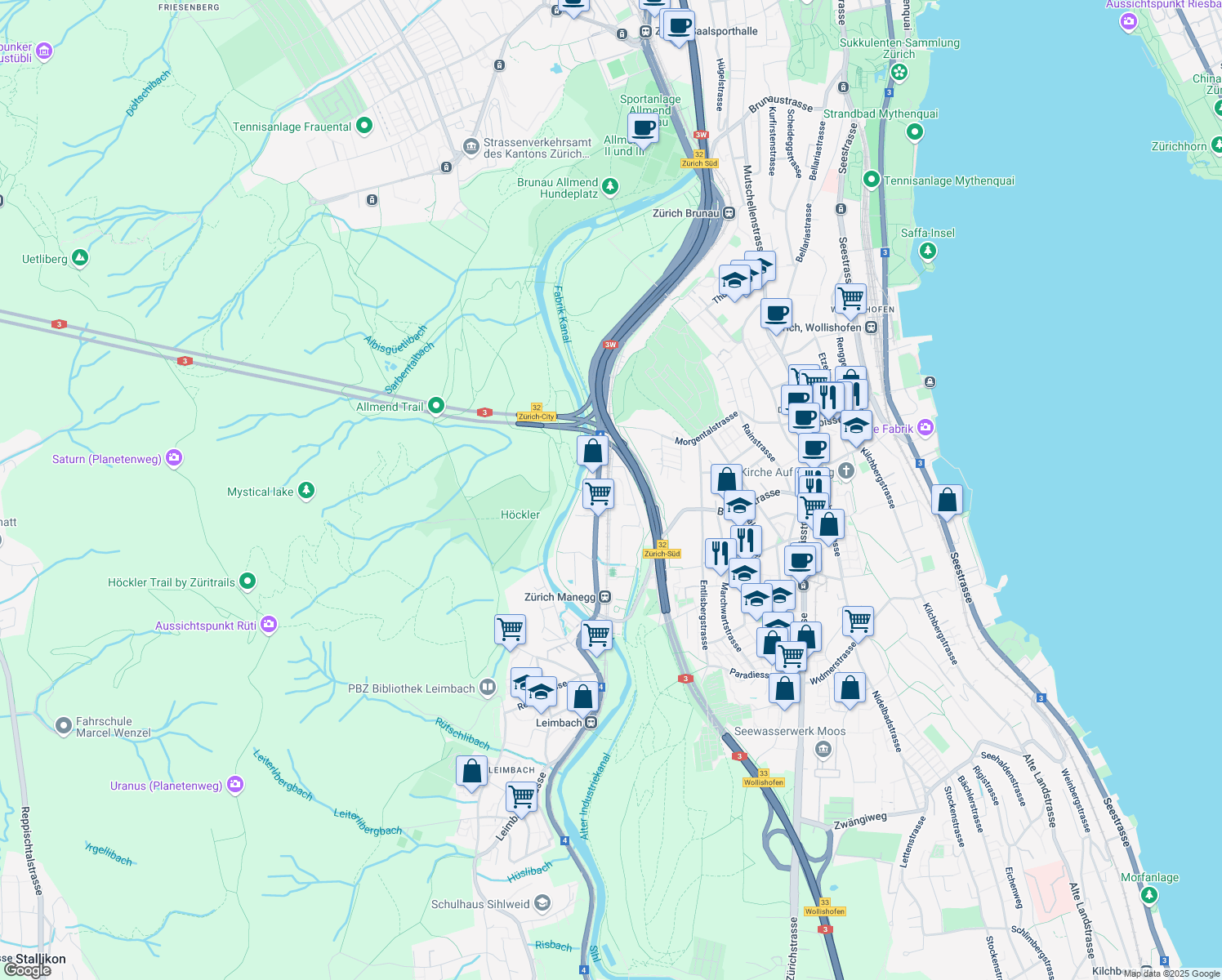 map of restaurants, bars, coffee shops, grocery stores, and more near 33 Maneggstrasse in Zürich