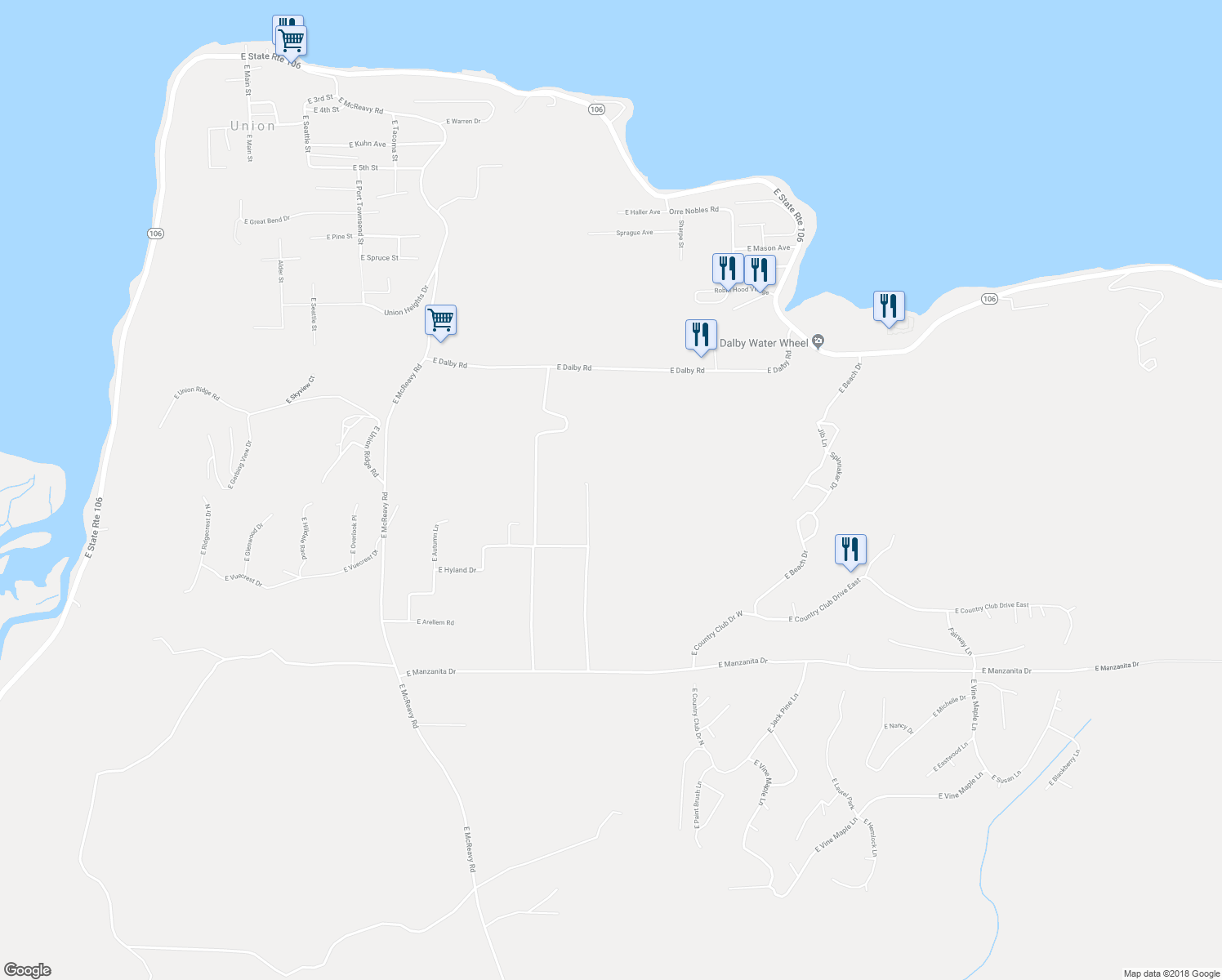 map of restaurants, bars, coffee shops, grocery stores, and more near 386 East Alderbrook Ridge Drive in Union