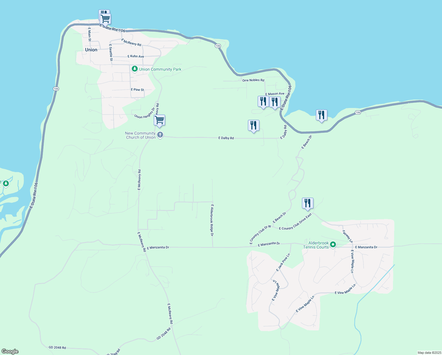 map of restaurants, bars, coffee shops, grocery stores, and more near 386 East Alderbrook Ridge Drive in Union