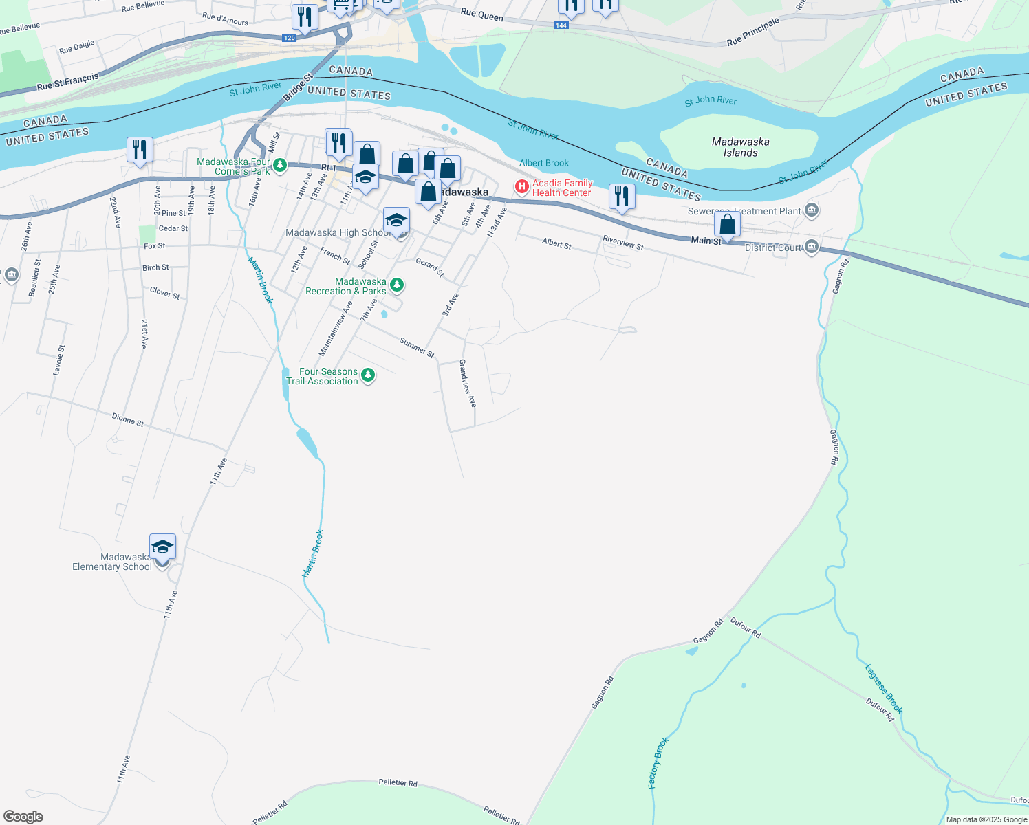 map of restaurants, bars, coffee shops, grocery stores, and more near 162 Townview Street in Madawaska