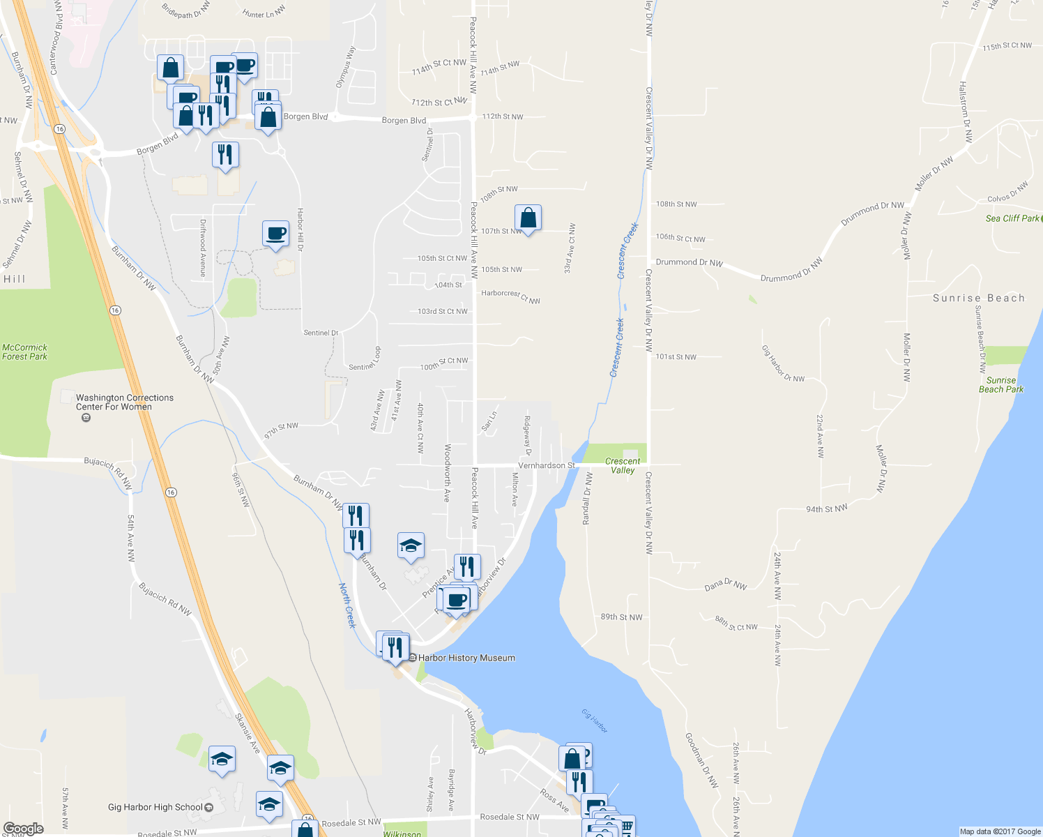map of restaurants, bars, coffee shops, grocery stores, and more near 9804 Ridgeway Drive in Gig Harbor