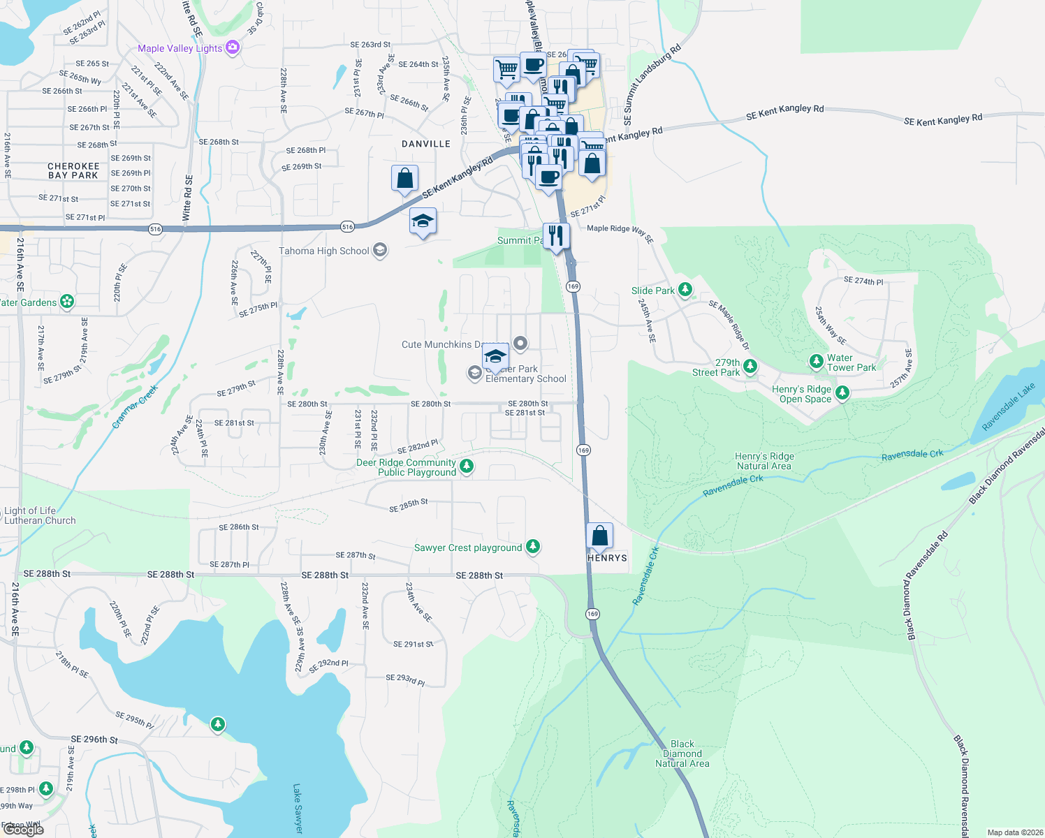 map of restaurants, bars, coffee shops, grocery stores, and more near 28117 239th Place Southeast in Maple Valley