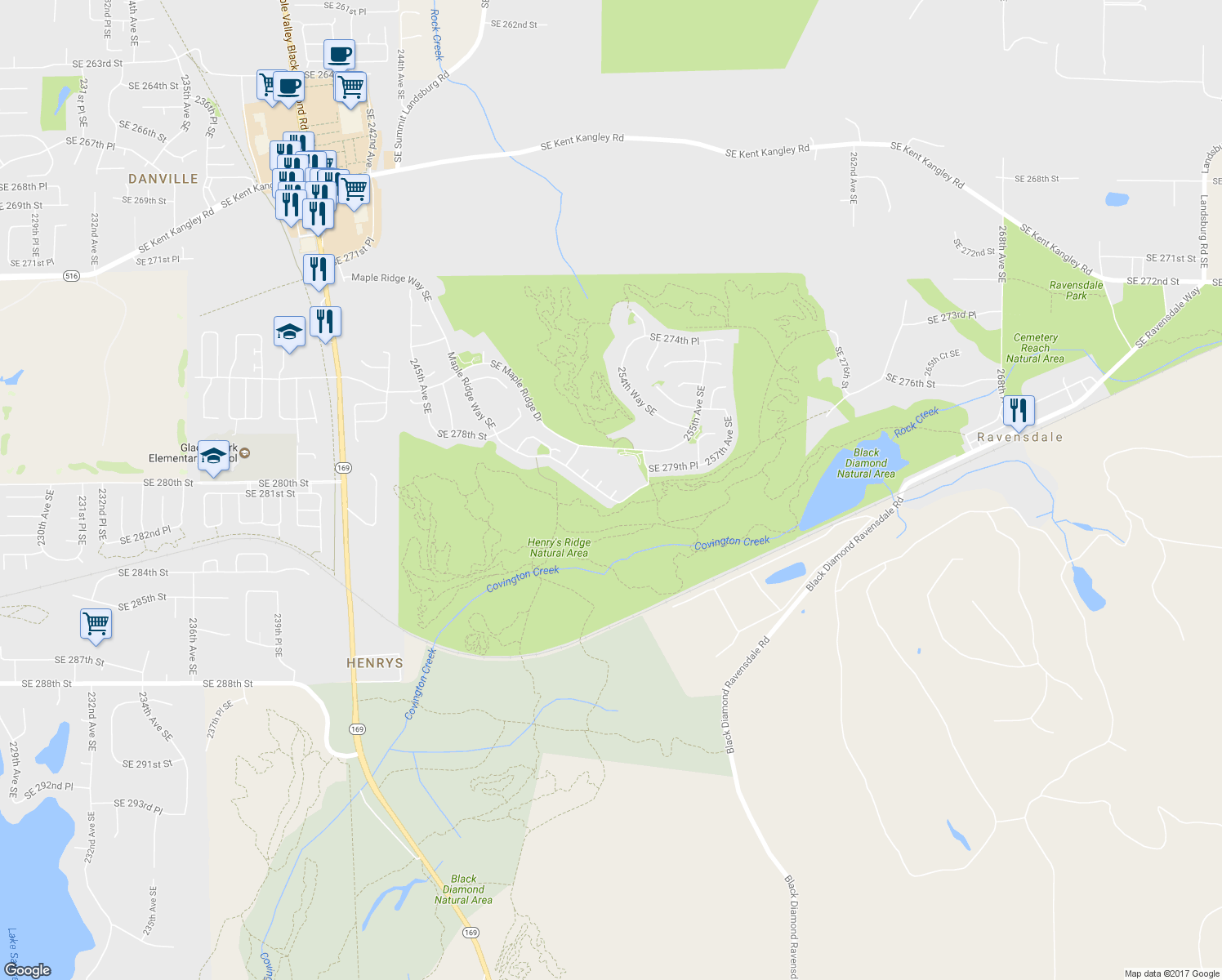 map of restaurants, bars, coffee shops, grocery stores, and more near 28104 Maple Ridge Way Southeast in Maple Valley