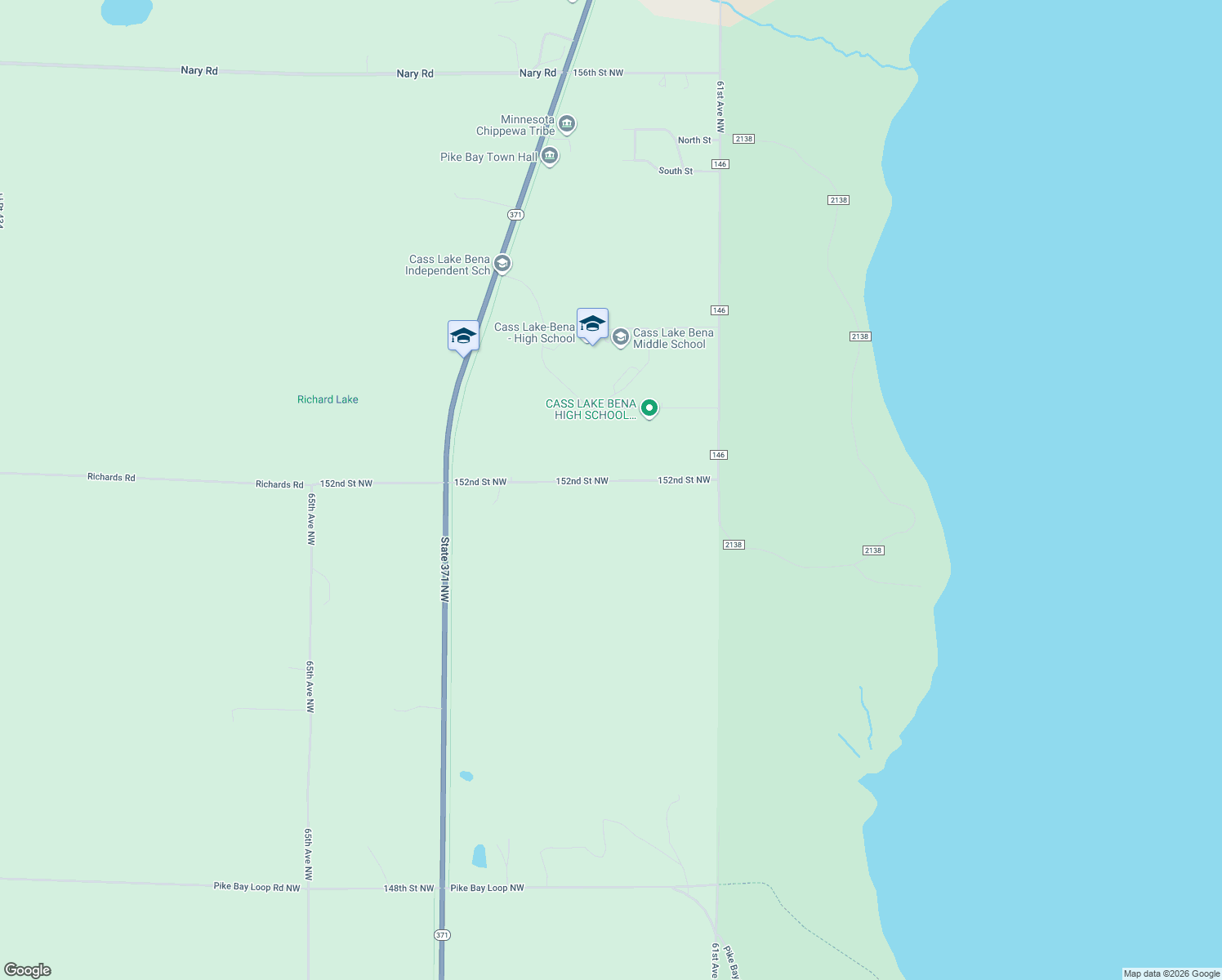 map of restaurants, bars, coffee shops, grocery stores, and more near 6159 152nd Street Northwest in Cass Lake